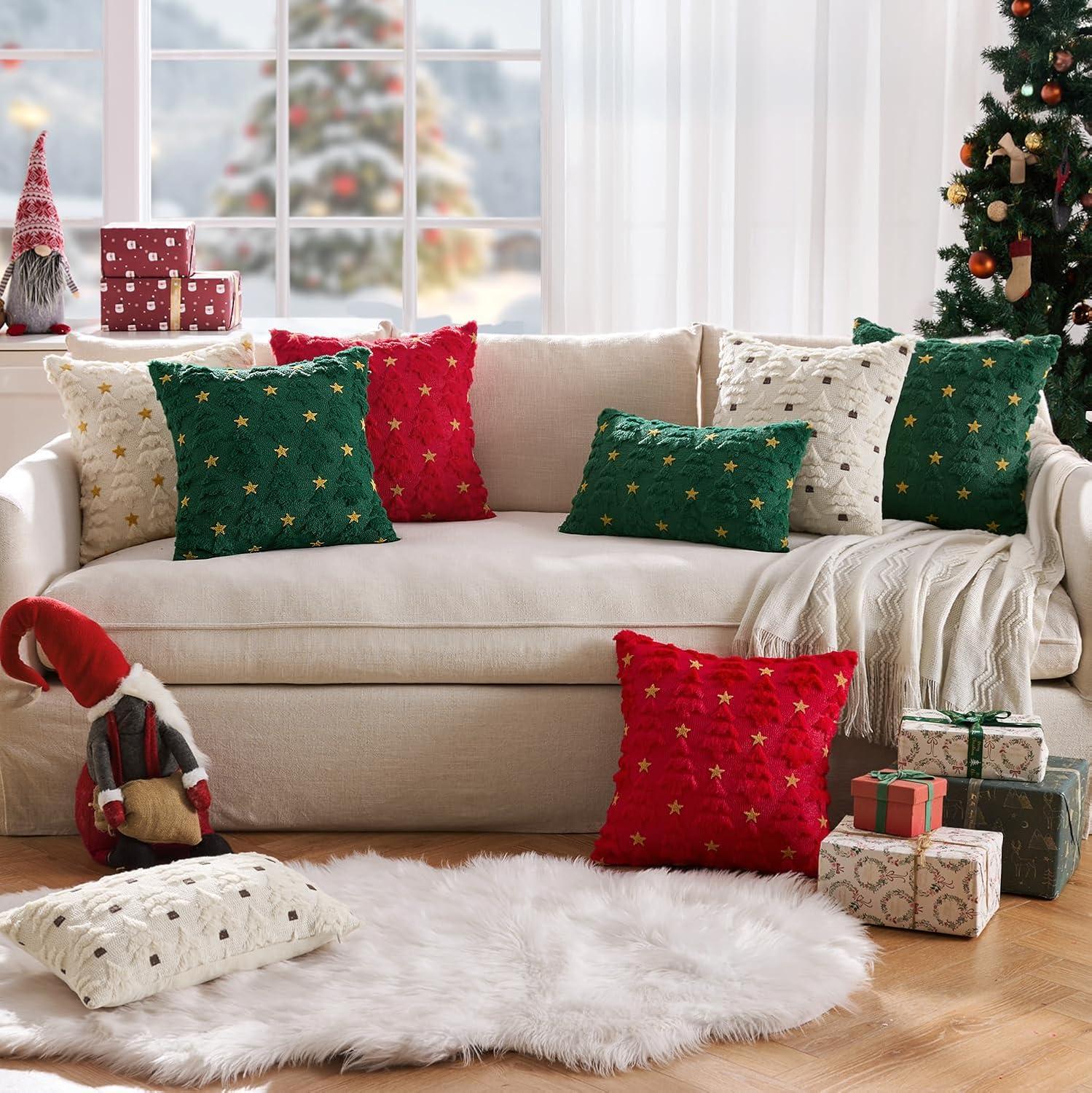 imageMIULEE Christmas Pillow Covers 18x18 Inch Set of 2 Beige Christmas Tree Plush Faux Fur Pillowcases Soft Decorative Throw Pillow Cases for Couch Sofa Living Room Winter Xmas Holiday Home DecorRed