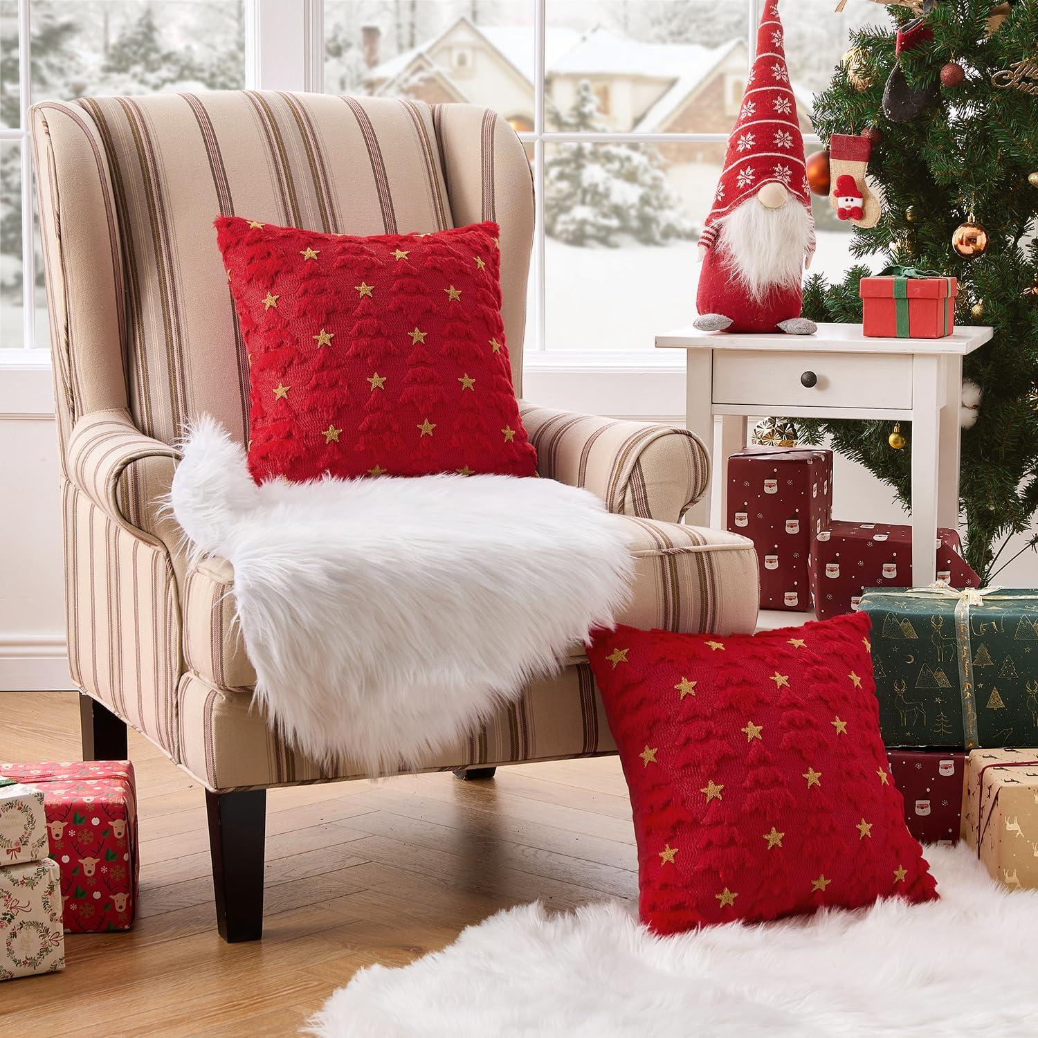 imageMIULEE Christmas Pillow Covers 18x18 Inch Set of 2 Beige Christmas Tree Plush Faux Fur Pillowcases Soft Decorative Throw Pillow Cases for Couch Sofa Living Room Winter Xmas Holiday Home DecorRed