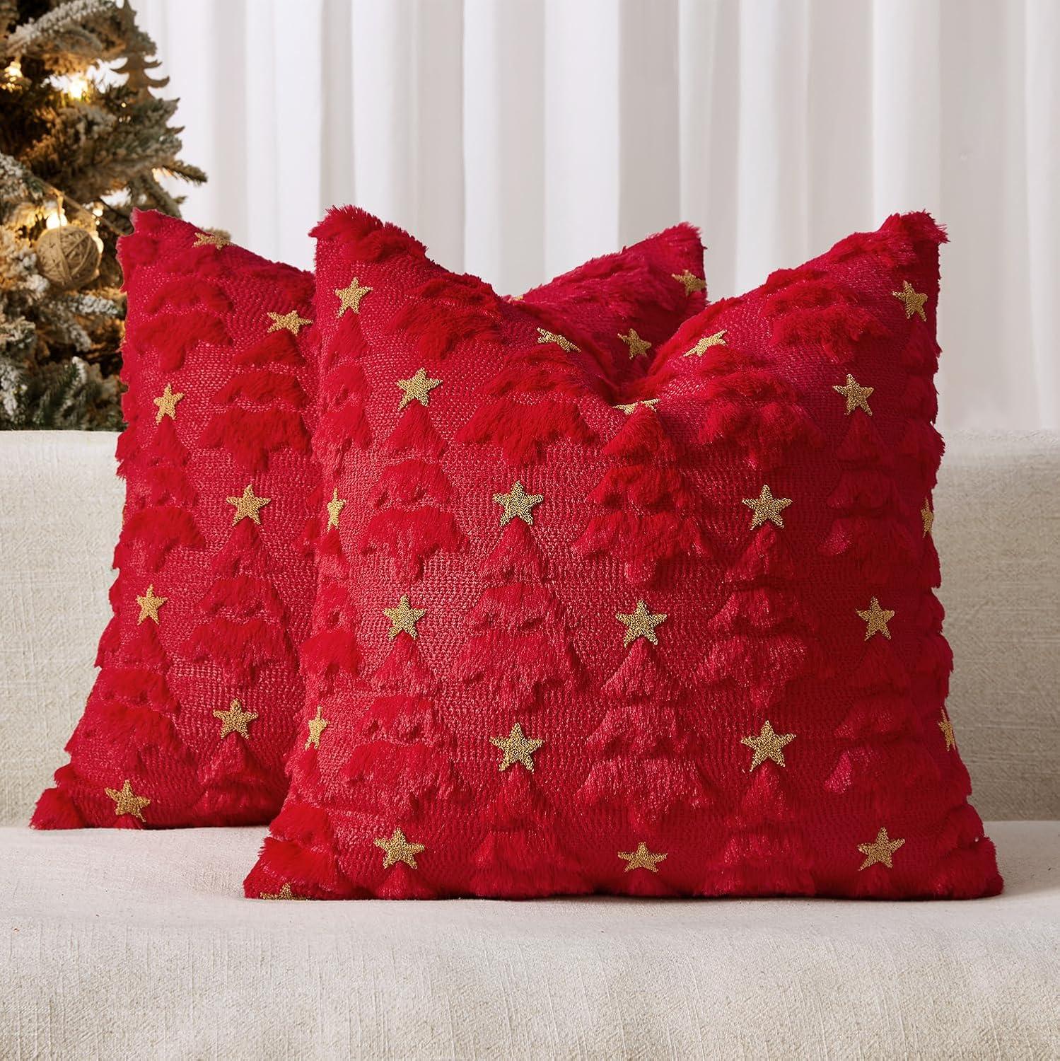 imageMIULEE Christmas Pillow Covers 18x18 Inch Set of 2 Beige Christmas Tree Plush Faux Fur Pillowcases Soft Decorative Throw Pillow Cases for Couch Sofa Living Room Winter Xmas Holiday Home DecorRed