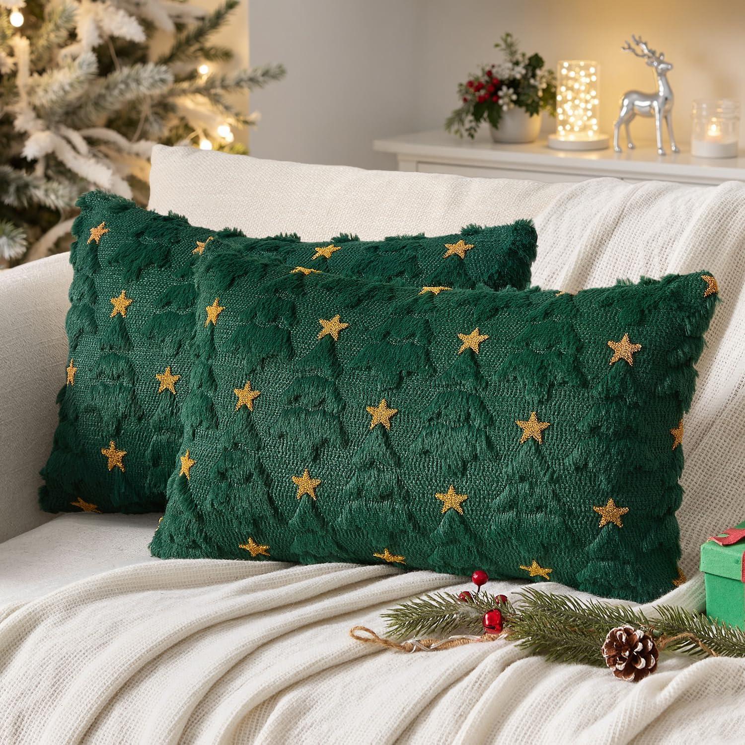 imageMIULEE Christmas Pillow Covers 18x18 Inch Set of 2 Beige Christmas Tree Plush Faux Fur Pillowcases Soft Decorative Throw Pillow Cases for Couch Sofa Living Room Winter Xmas Holiday Home DecorGreen