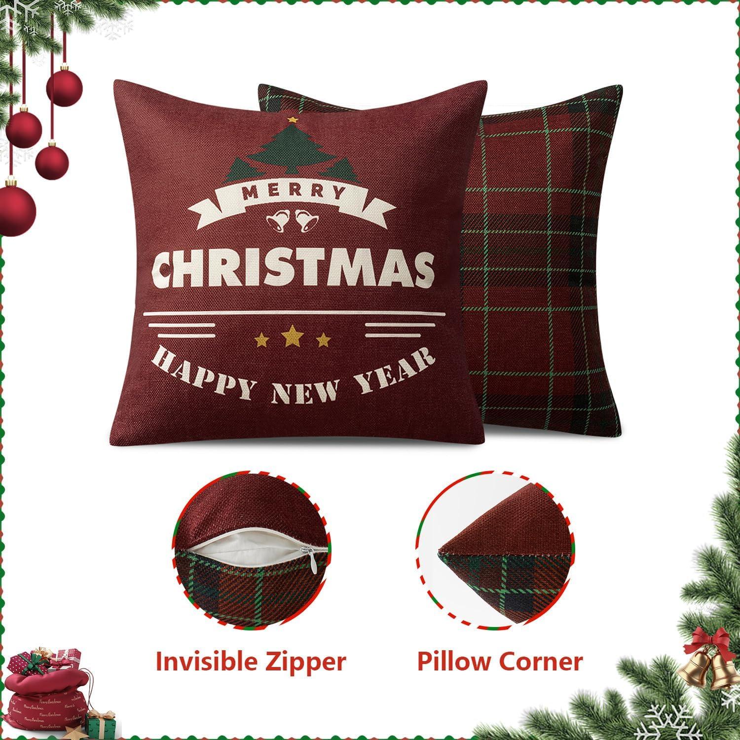 imageMIULEE Christmas Pillow Covers Set of 4 Plaid Throw Pillow Covers Red Tree Reindeer Wreath Winter Holiday Cushion Case Farmhouse Modern for Sofa Couch Home Decor18x18 InchRed and Green