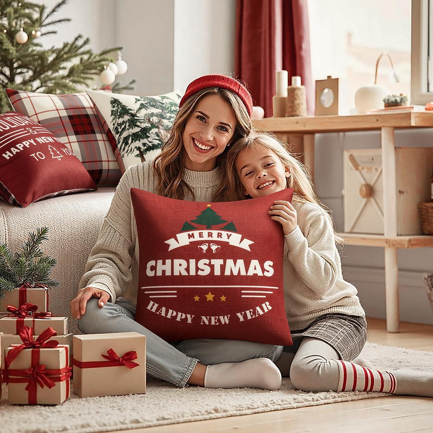 imageMIULEE Christmas Pillow Covers Set of 4 Plaid Throw Pillow Covers Red Tree Reindeer Wreath Winter Holiday Cushion Case Farmhouse Modern for Sofa Couch Home Decor18x18 InchRed