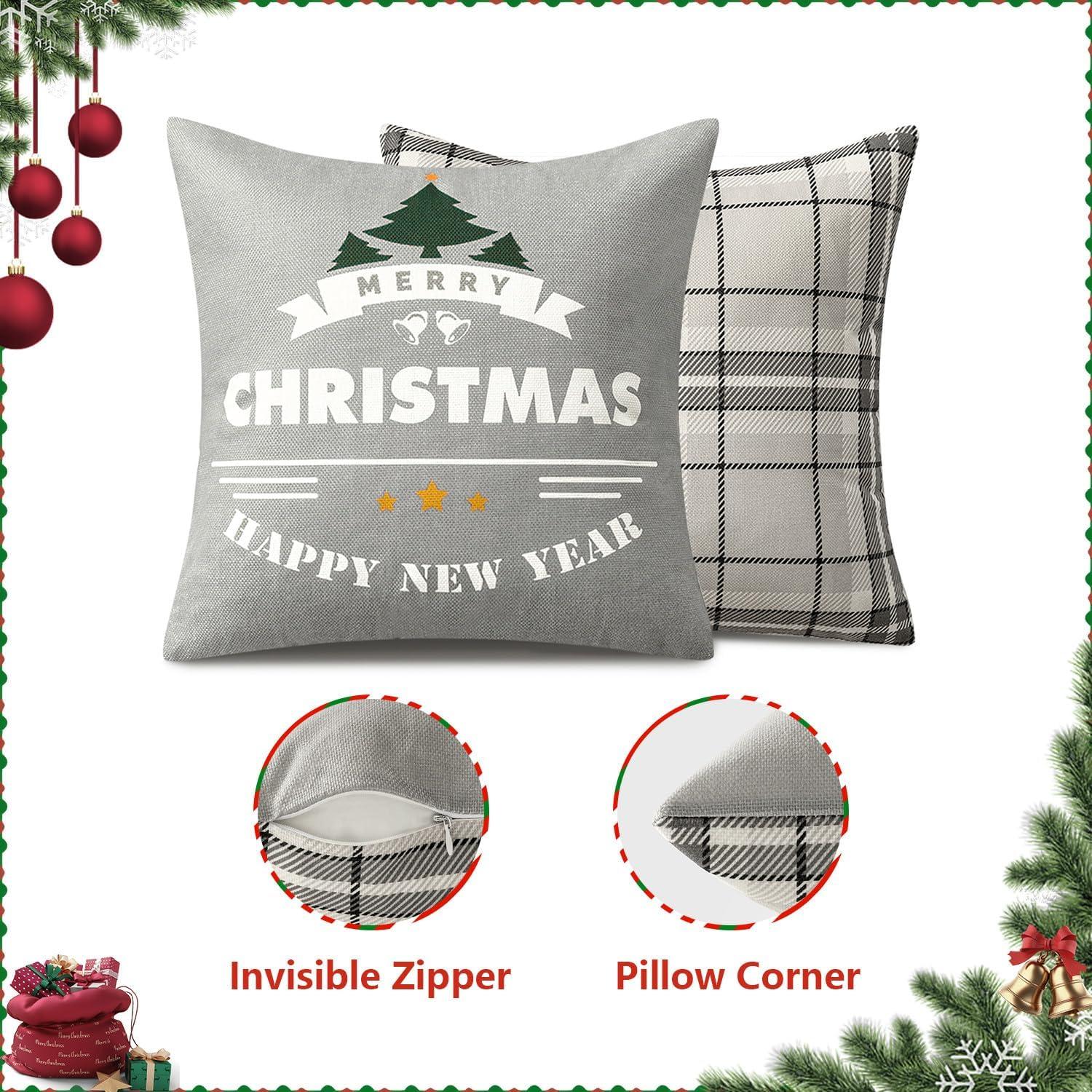 imageMIULEE Christmas Pillow Covers Set of 4 Plaid Throw Pillow Covers Red Tree Reindeer Wreath Winter Holiday Cushion Case Farmhouse Modern for Sofa Couch Home Decor18x18 InchGrey