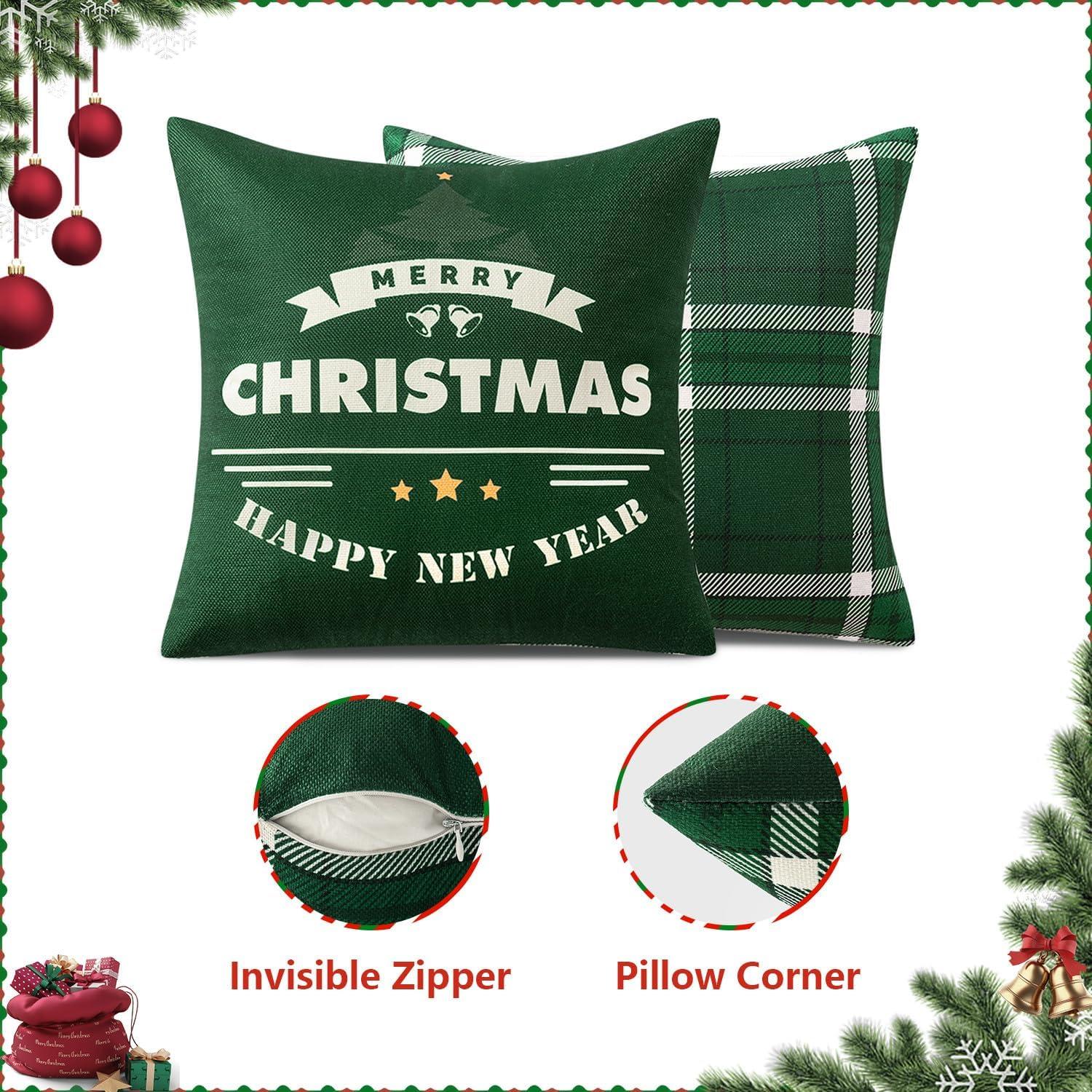 imageMIULEE Christmas Pillow Covers Set of 4 Plaid Throw Pillow Covers Red Tree Reindeer Wreath Winter Holiday Cushion Case Farmhouse Modern for Sofa Couch Home Decor18x18 InchDark Green