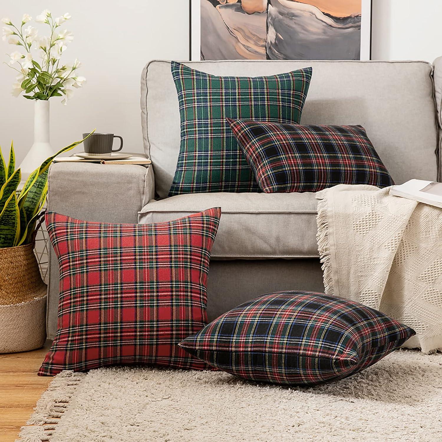 imageMIULEE Christmas Set of 2 Scottish Tartan Plaid Throw Pillow Covers 18x18 Farmhouse Classic Green 18x18 Pillow Inserts Pack of 2 Down Alternative Decorative Feather Throw Pillow Inserts for Sofa Bed