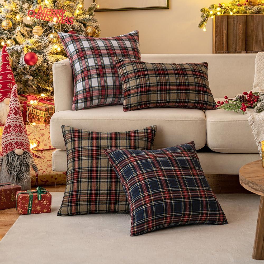 imageMIULEE Christmas Set of 2 Scottish Tartan Plaid Throw Pillow Covers Farmhouse Classic 18x18 Inch Red and White 18x18 Pillow Inserts Pack of 2 Down Alternative Decorative Feather Throw Pillow Inserts
