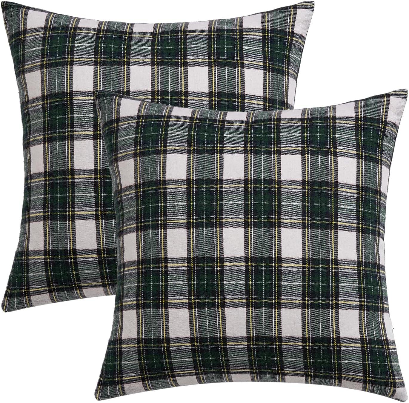 imageMIULEE Christmas Set of 2 Scottish Tartan Plaid Throw Pillow Covers Farmhouse Classic Decorative Outdoor Square Cushion Cases for Decor Sofa Couch 18x18 Inch GreenGreen and White