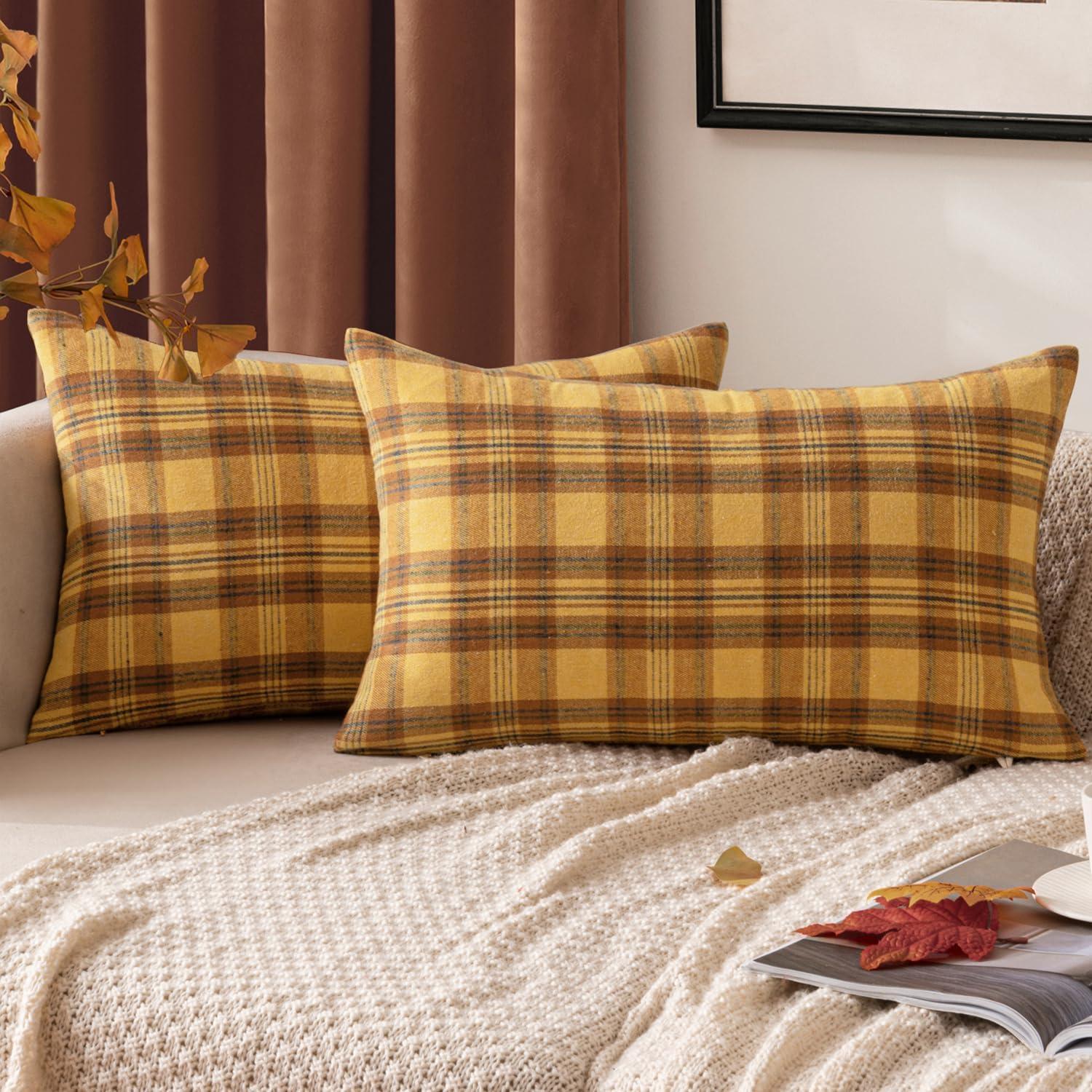 imageMIULEE Christmas Set of 2 Scottish Tartan Plaid Throw Pillow Covers Farmhouse Classic Decorative Outdoor Square Cushion Cases for Decor Sofa Couch 18x18 Inch GreenOrange