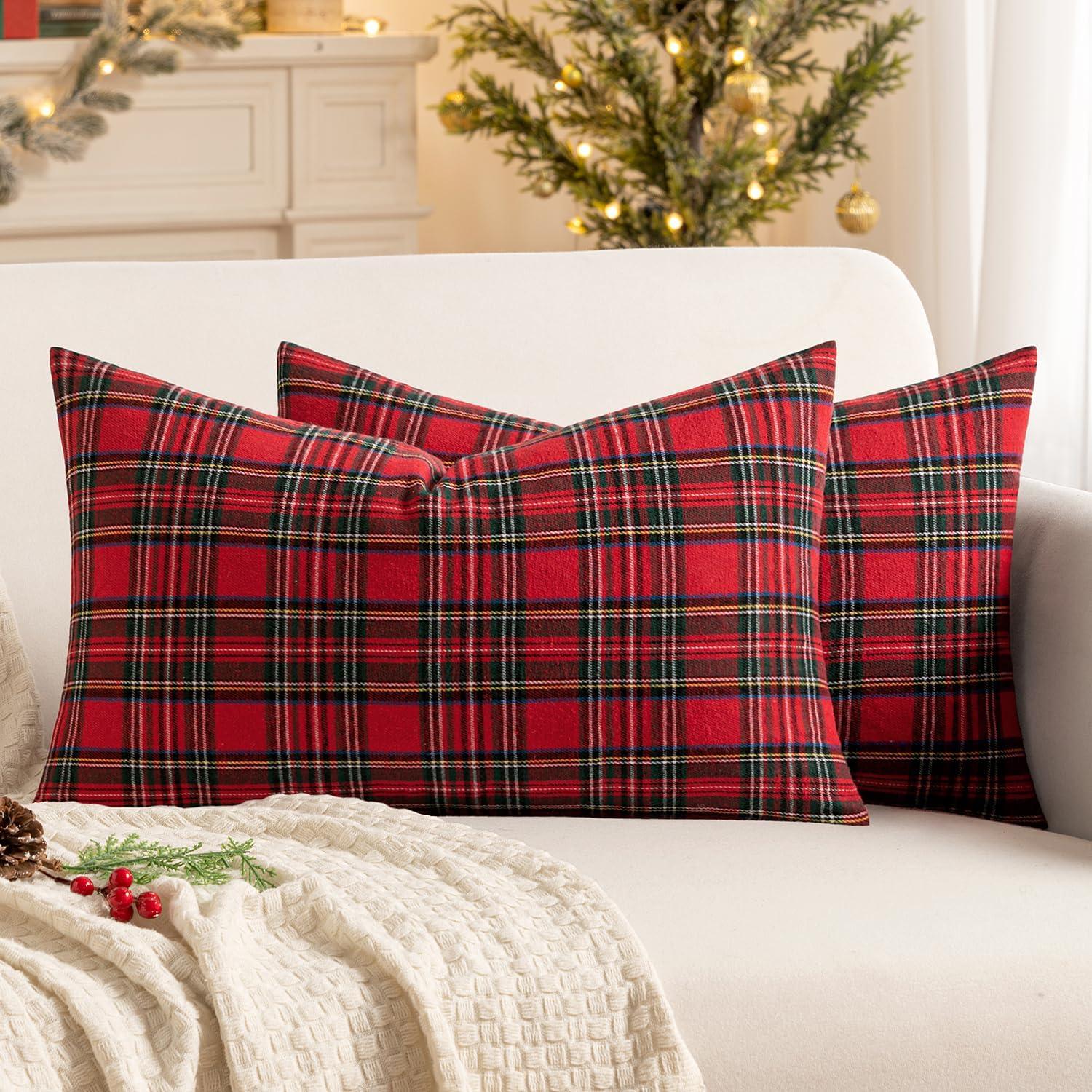 imageMIULEE Christmas Set of 2 Scottish Tartan Plaid Throw Pillow Covers Farmhouse Classic Decorative Outdoor Square Cushion Cases for Decor Sofa Couch 18x18 Inch GreenRed