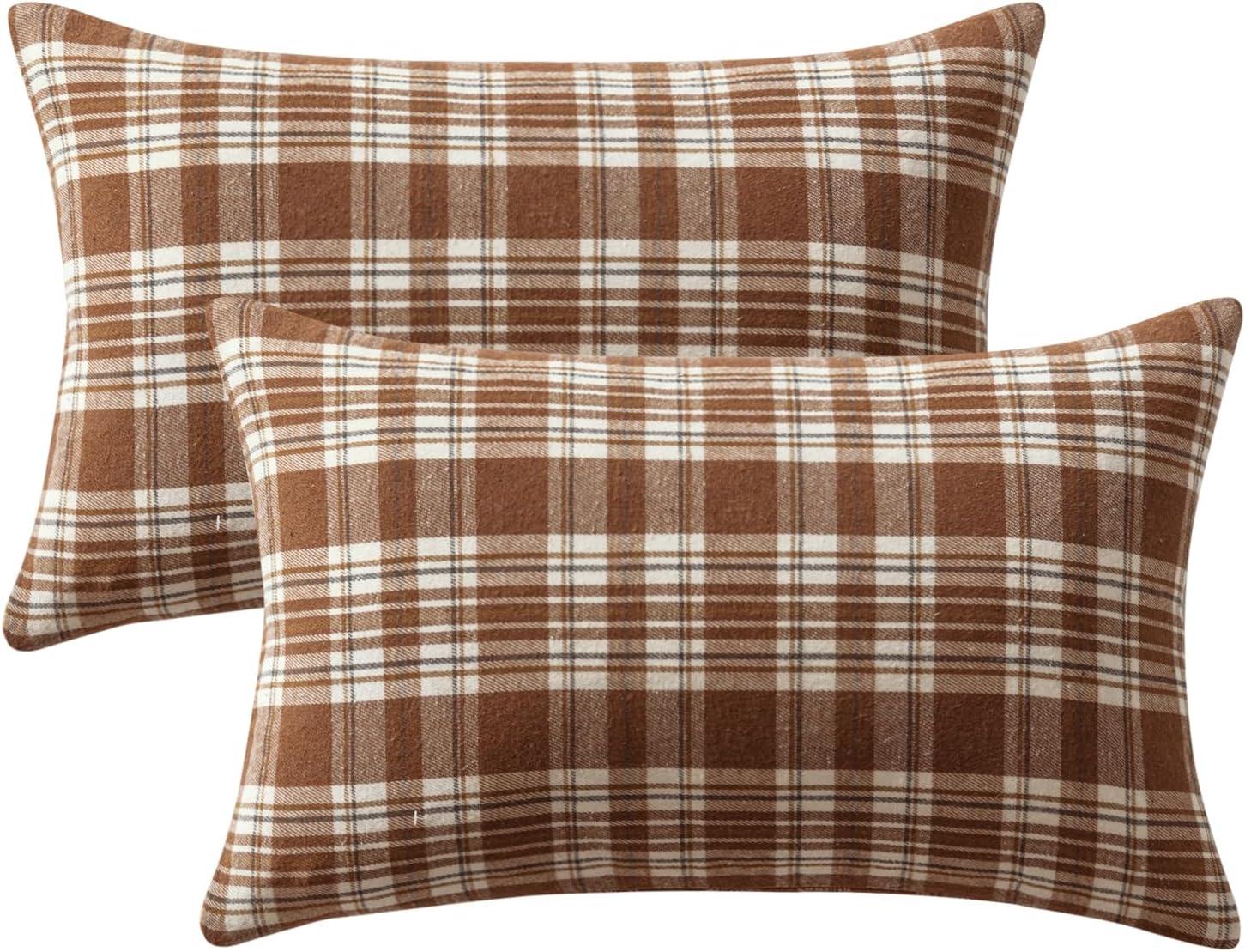 imageMIULEE Christmas Set of 2 Scottish Tartan Plaid Throw Pillow Covers Farmhouse Classic Decorative Outdoor Square Cushion Cases for Decor Sofa Couch 18x18 Inch GreenBrown and White