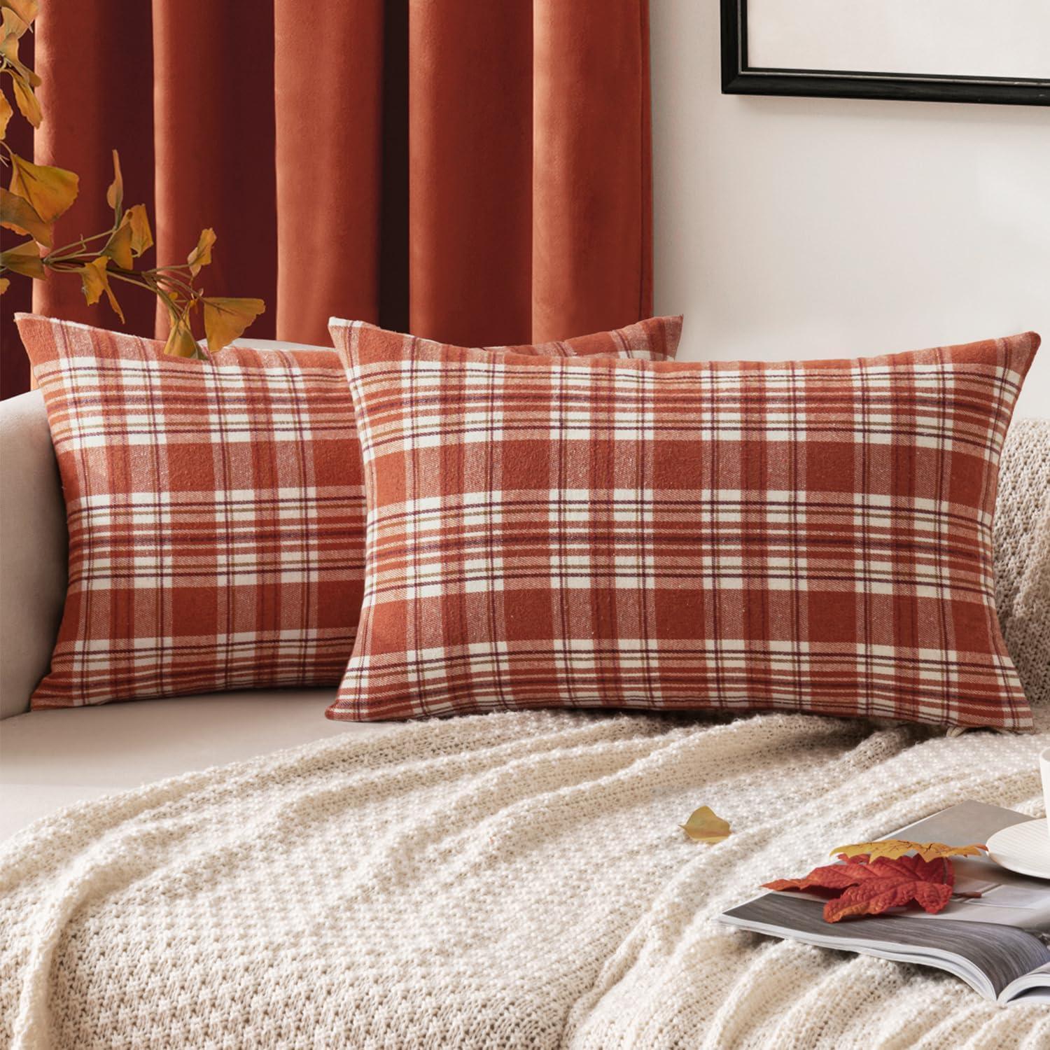 imageMIULEE Christmas Set of 2 Scottish Tartan Plaid Throw Pillow Covers Farmhouse Classic Decorative Outdoor Square Cushion Cases for Decor Sofa Couch 18x18 Inch GreenOrange and White