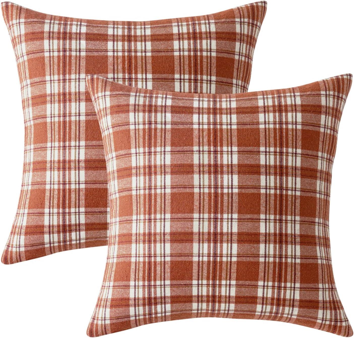 imageMIULEE Christmas Set of 2 Scottish Tartan Plaid Throw Pillow Covers Farmhouse Classic Decorative Outdoor Square Cushion Cases for Decor Sofa Couch 18x18 Inch GreenOrange and White