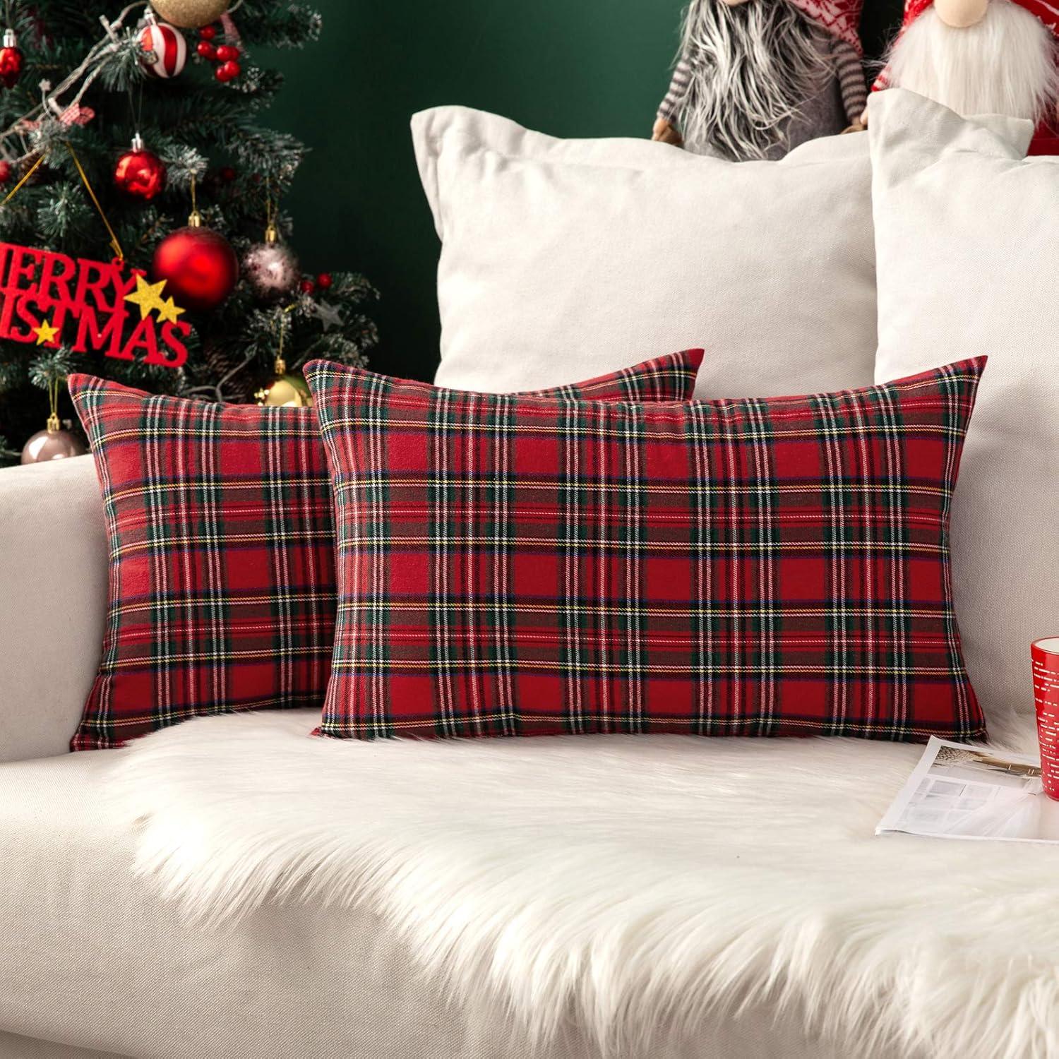 imageMIULEE Christmas Set of 2 Scottish Tartan Plaid Throw Pillow Covers Farmhouse Classic Decorative Outdoor Square Cushion Cases for Decor Sofa Couch 18x18 Inch GreenRed