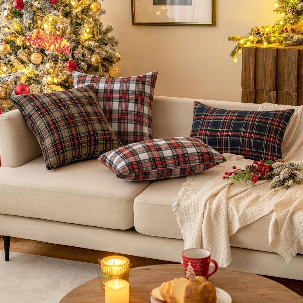 imageMIULEE Christmas Set of 2 Scottish Tartan Plaid Throw Pillow Covers Farmhouse Classic Decorative Outdoor Square Cushion Cases for Decor Sofa Couch 18x18 Inch GreenBlue
