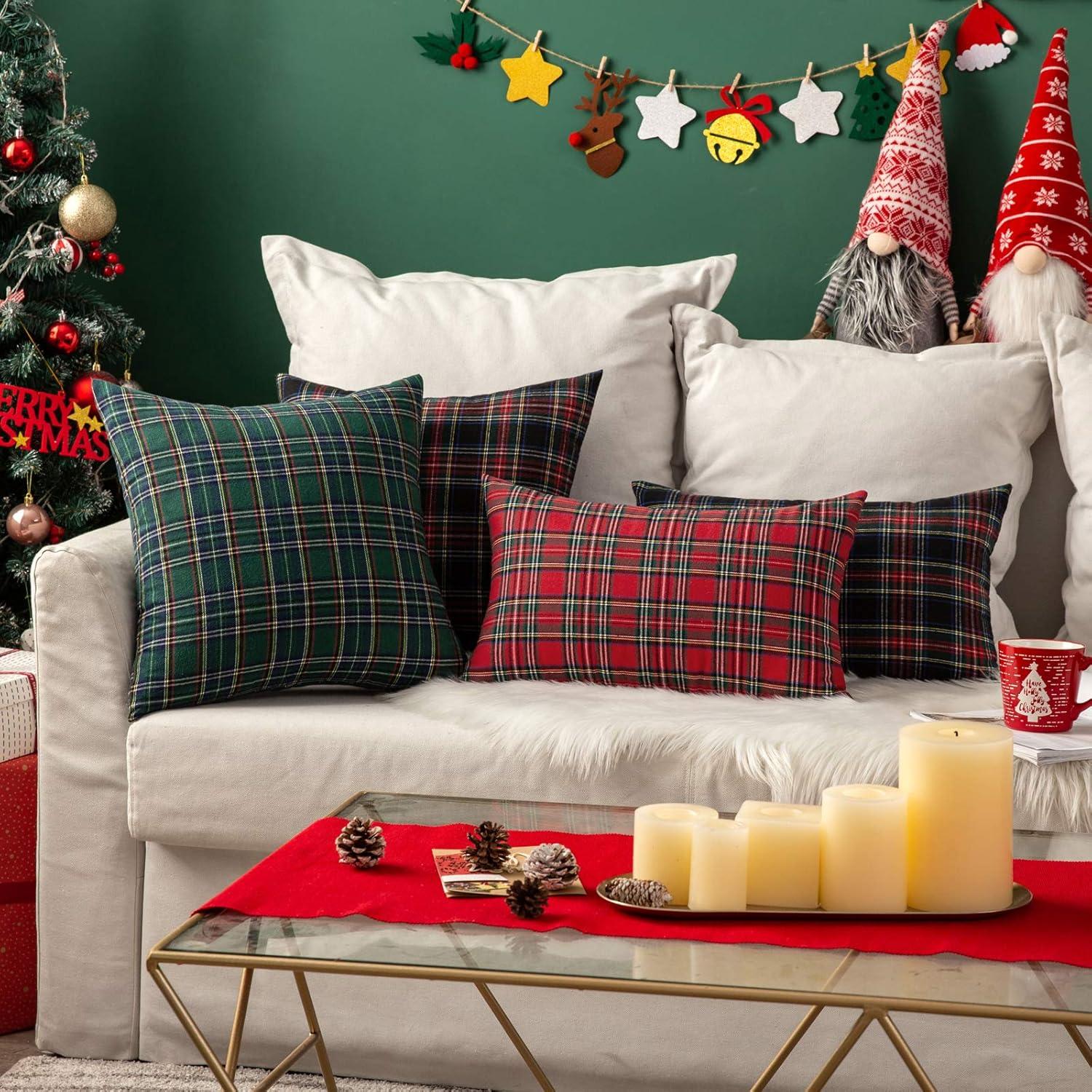 imageMIULEE Christmas Set of 2 Scottish Tartan Plaid Throw Pillow Covers Farmhouse Classic Decorative Outdoor Square Cushion Cases for Decor Sofa Couch 18x18 Inch GreenRed