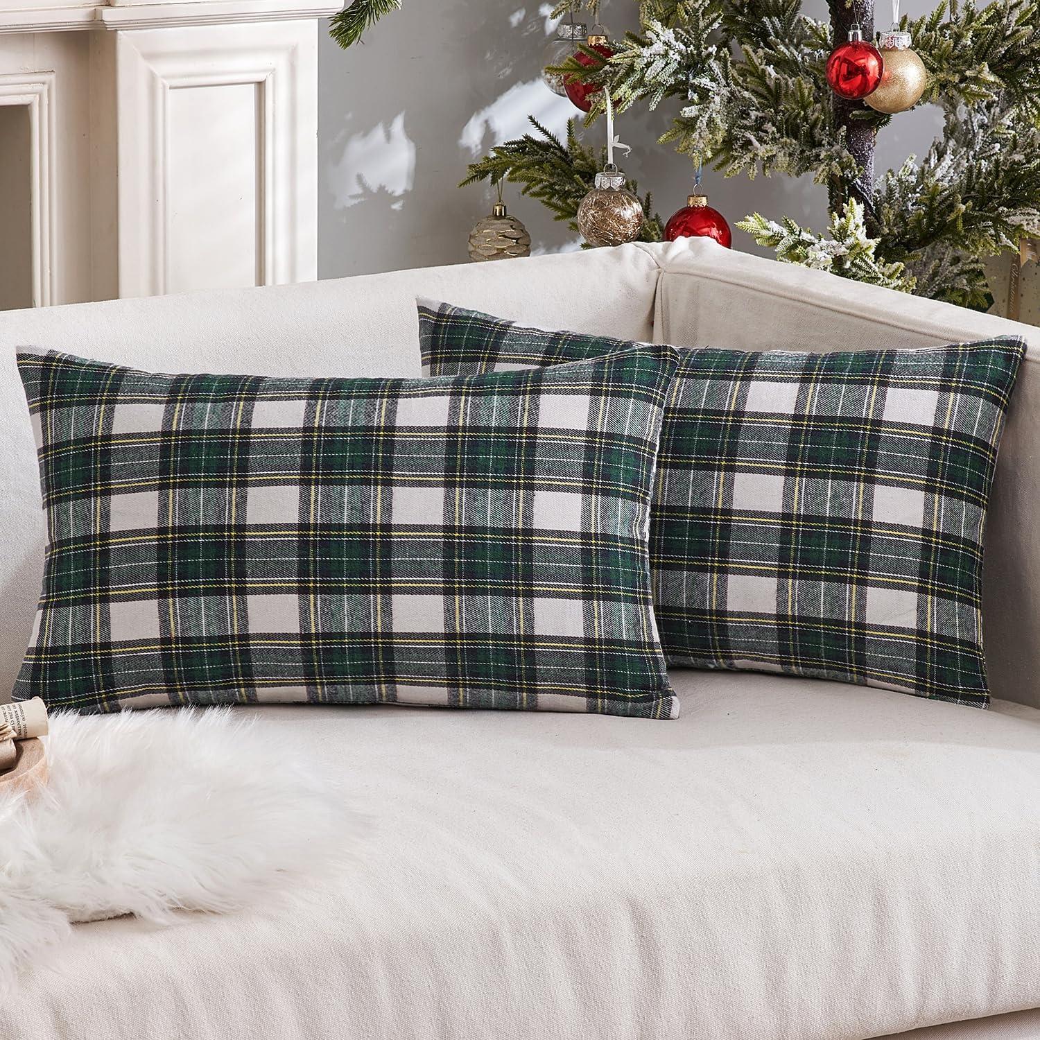 imageMIULEE Christmas Set of 2 Scottish Tartan Plaid Throw Pillow Covers Farmhouse Classic Decorative Outdoor Square Cushion Cases for Decor Sofa Couch 18x18 Inch GreenGreen and White