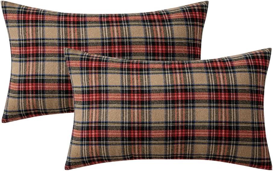 imageMIULEE Christmas Set of 2 Scottish Tartan Plaid Throw Pillow Covers Farmhouse Classic Decorative Outdoor Square Cushion Cases for Decor Sofa Couch 18x18 Inch GreenKhaki