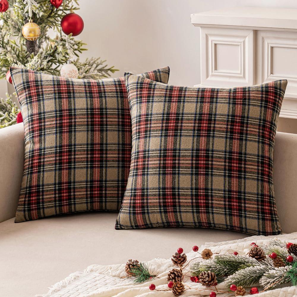 imageMIULEE Christmas Set of 2 Scottish Tartan Plaid Throw Pillow Covers Farmhouse Classic Decorative Outdoor Square Cushion Cases for Decor Sofa Couch 18x18 Inch GreenKhaki