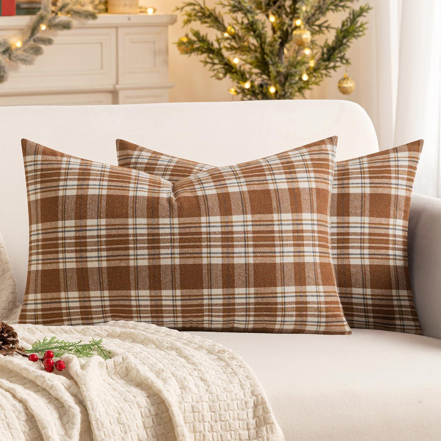 imageMIULEE Christmas Set of 2 Scottish Tartan Plaid Throw Pillow Covers Farmhouse Classic Decorative Outdoor Square Cushion Cases for Decor Sofa Couch 18x18 Inch GreenBrown and White