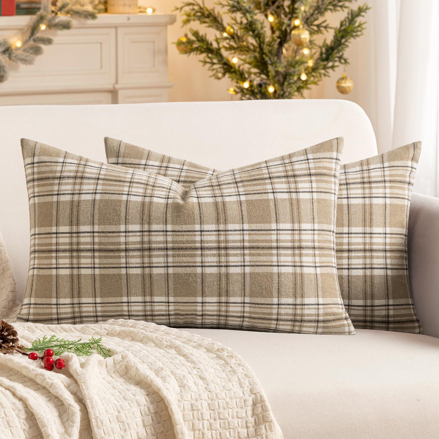 imageMIULEE Christmas Set of 2 Scottish Tartan Plaid Throw Pillow Covers Farmhouse Classic Decorative Outdoor Square Cushion Cases for Decor Sofa Couch 18x18 Inch GreenKhaki and White