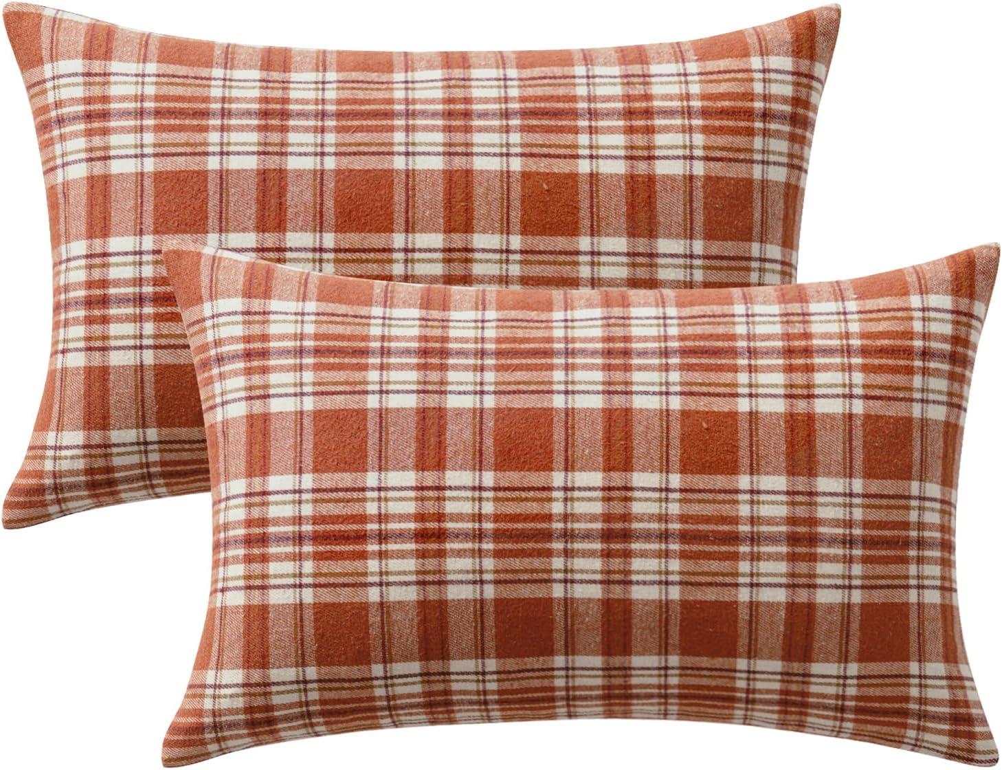 imageMIULEE Christmas Set of 2 Scottish Tartan Plaid Throw Pillow Covers Farmhouse Classic Decorative Outdoor Square Cushion Cases for Decor Sofa Couch 18x18 Inch GreenOrange and White