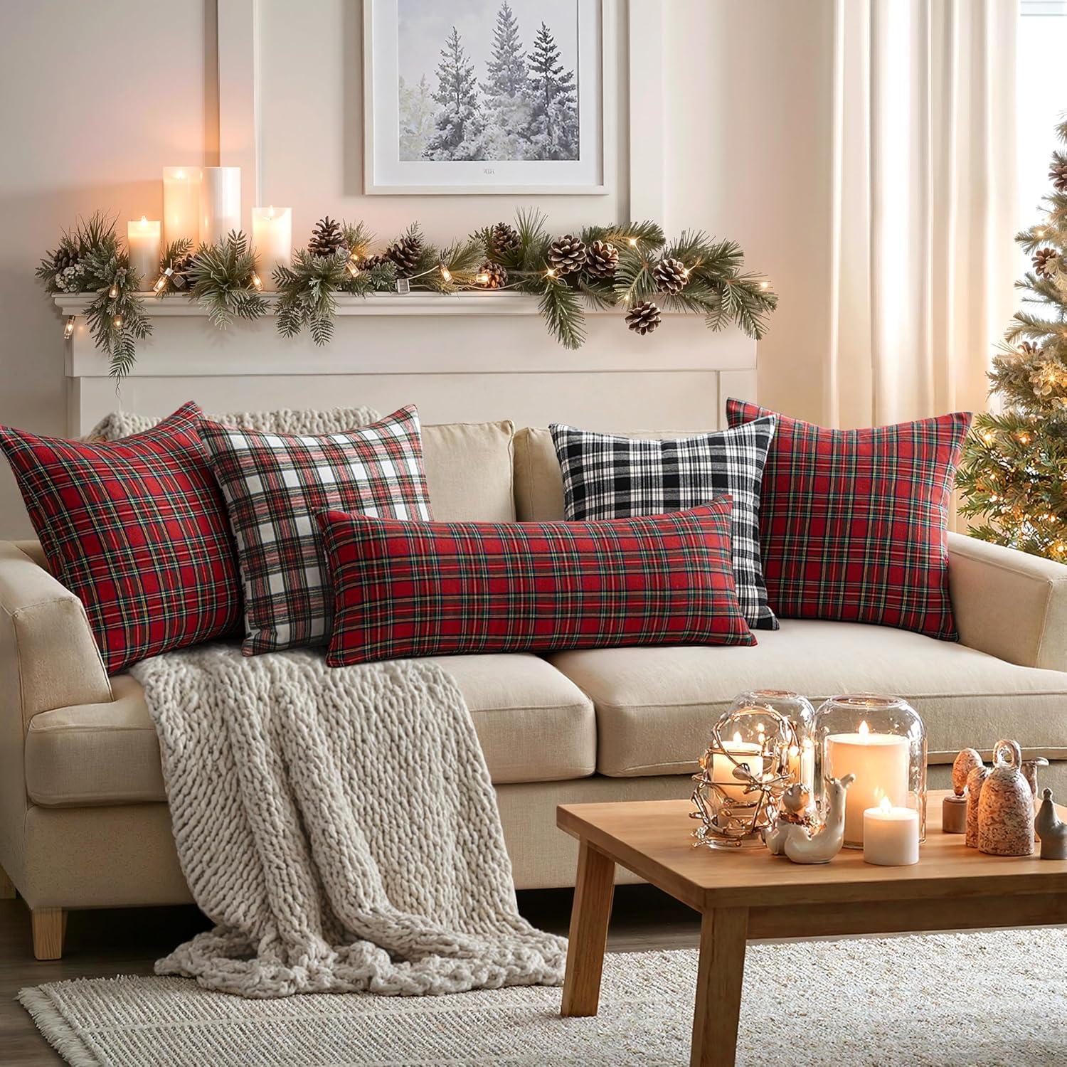 imageMIULEE Christmas Set of 2 Scottish Tartan Plaid Throw Pillow Covers Farmhouse Classic Decorative Outdoor Square Cushion Cases for Decor Sofa Couch 18x18 Inch GreenRed