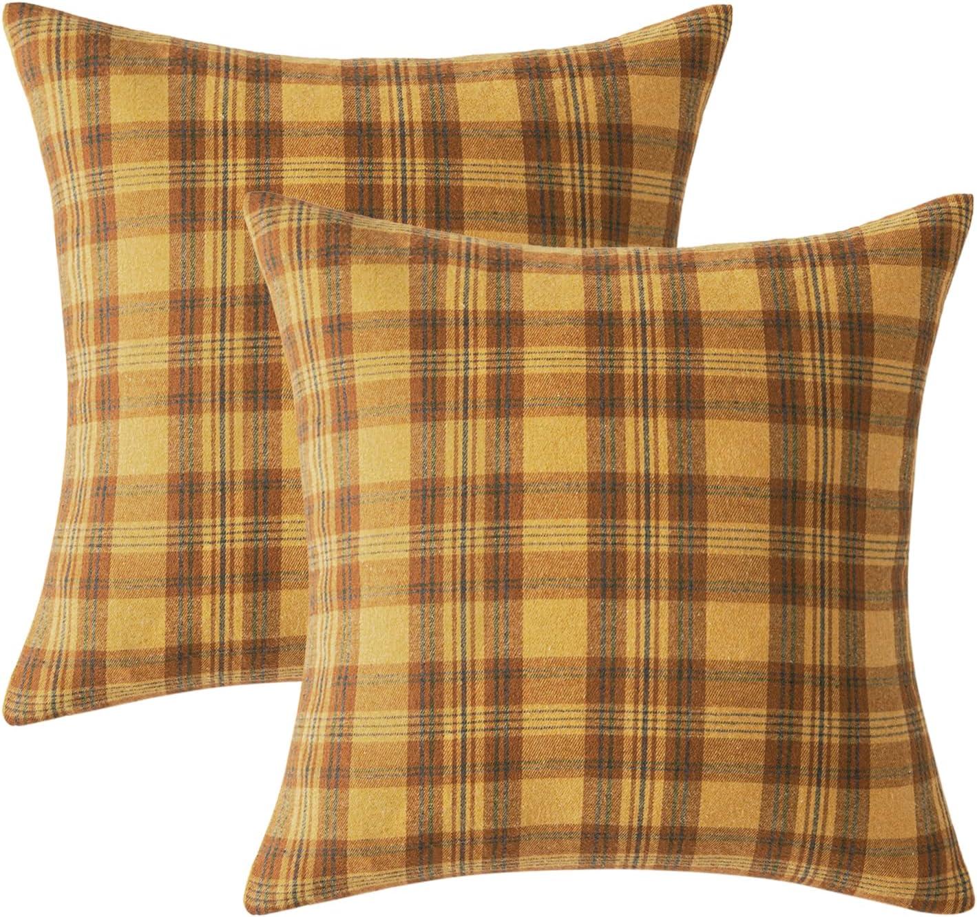 imageMIULEE Christmas Set of 2 Scottish Tartan Plaid Throw Pillow Covers Farmhouse Classic Decorative Outdoor Square Cushion Cases for Decor Sofa Couch 18x18 Inch GreenOrange