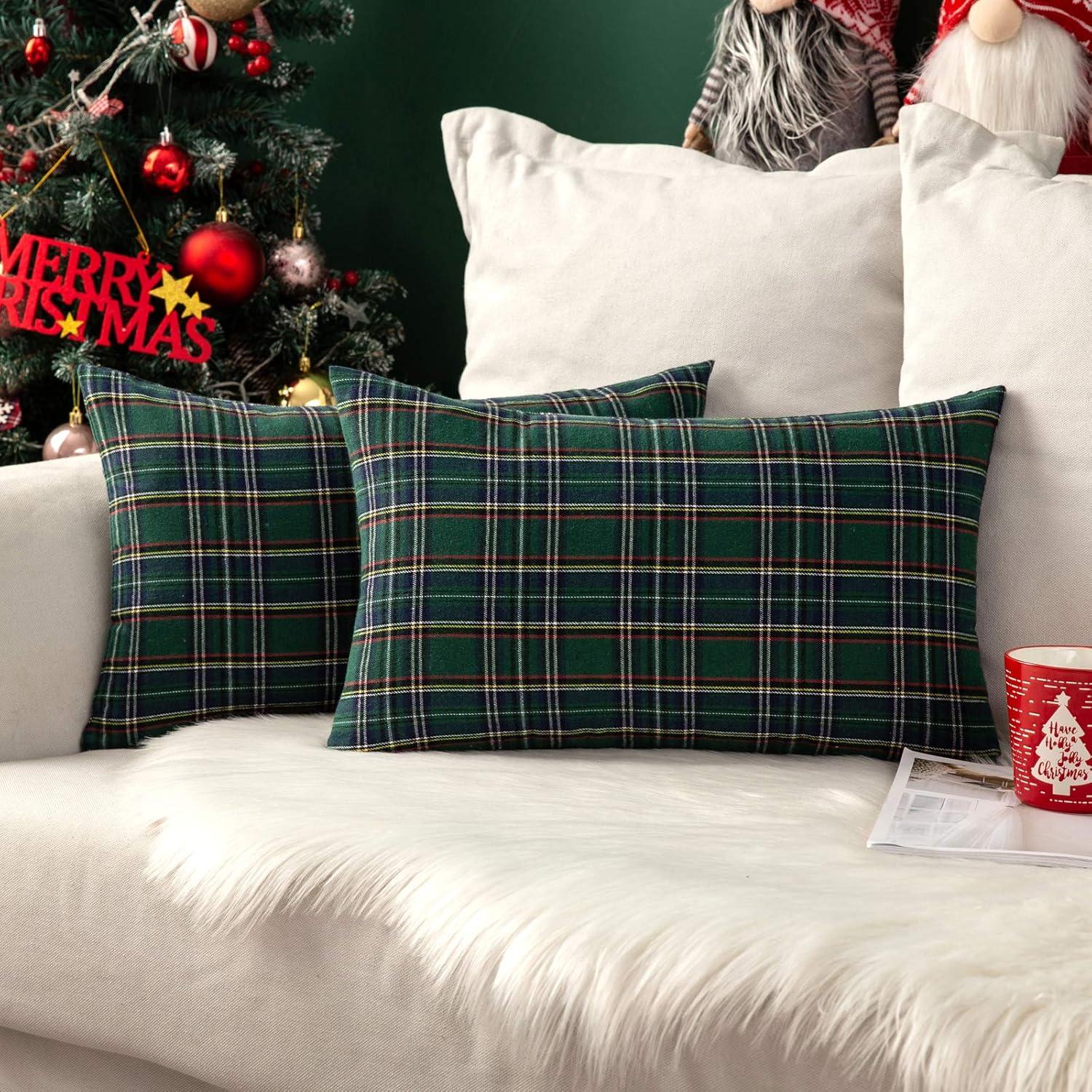 imageMIULEE Christmas Set of 2 Scottish Tartan Plaid Throw Pillow Covers Farmhouse Classic Decorative Outdoor Square Cushion Cases for Decor Sofa Couch 18x18 Inch GreenGreen
