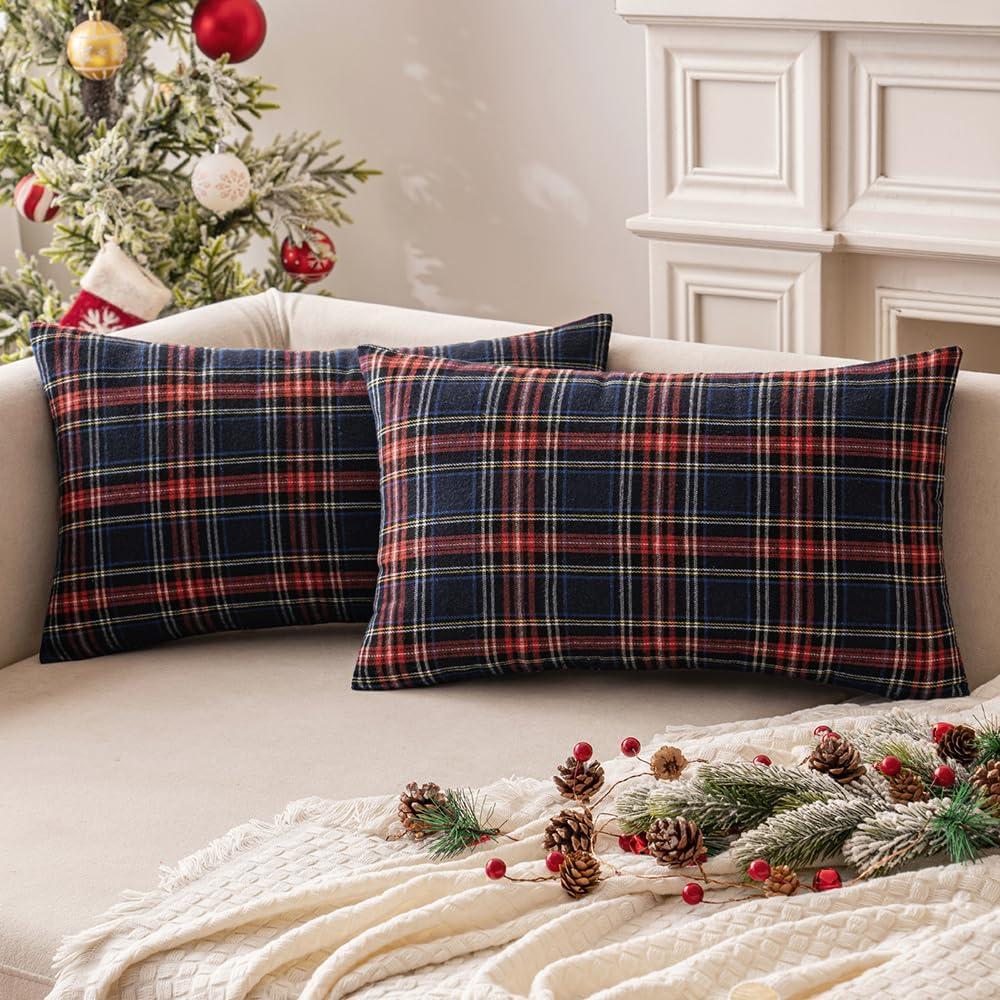imageMIULEE Christmas Set of 2 Scottish Tartan Plaid Throw Pillow Covers Farmhouse Classic Decorative Outdoor Square Cushion Cases for Decor Sofa Couch 18x18 Inch GreenBlue