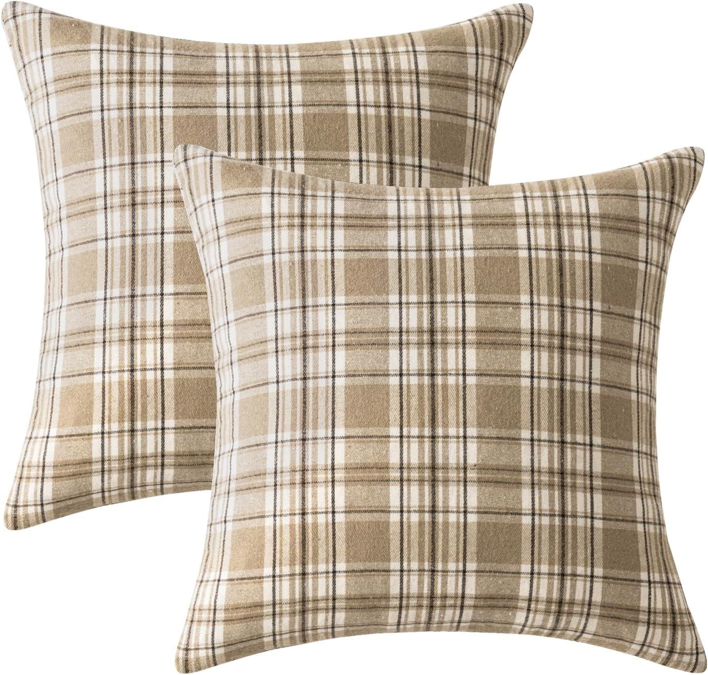 imageMIULEE Christmas Set of 2 Scottish Tartan Plaid Throw Pillow Covers Farmhouse Classic Decorative Outdoor Square Cushion Cases for Decor Sofa Couch 18x18 Inch GreenKhaki and White