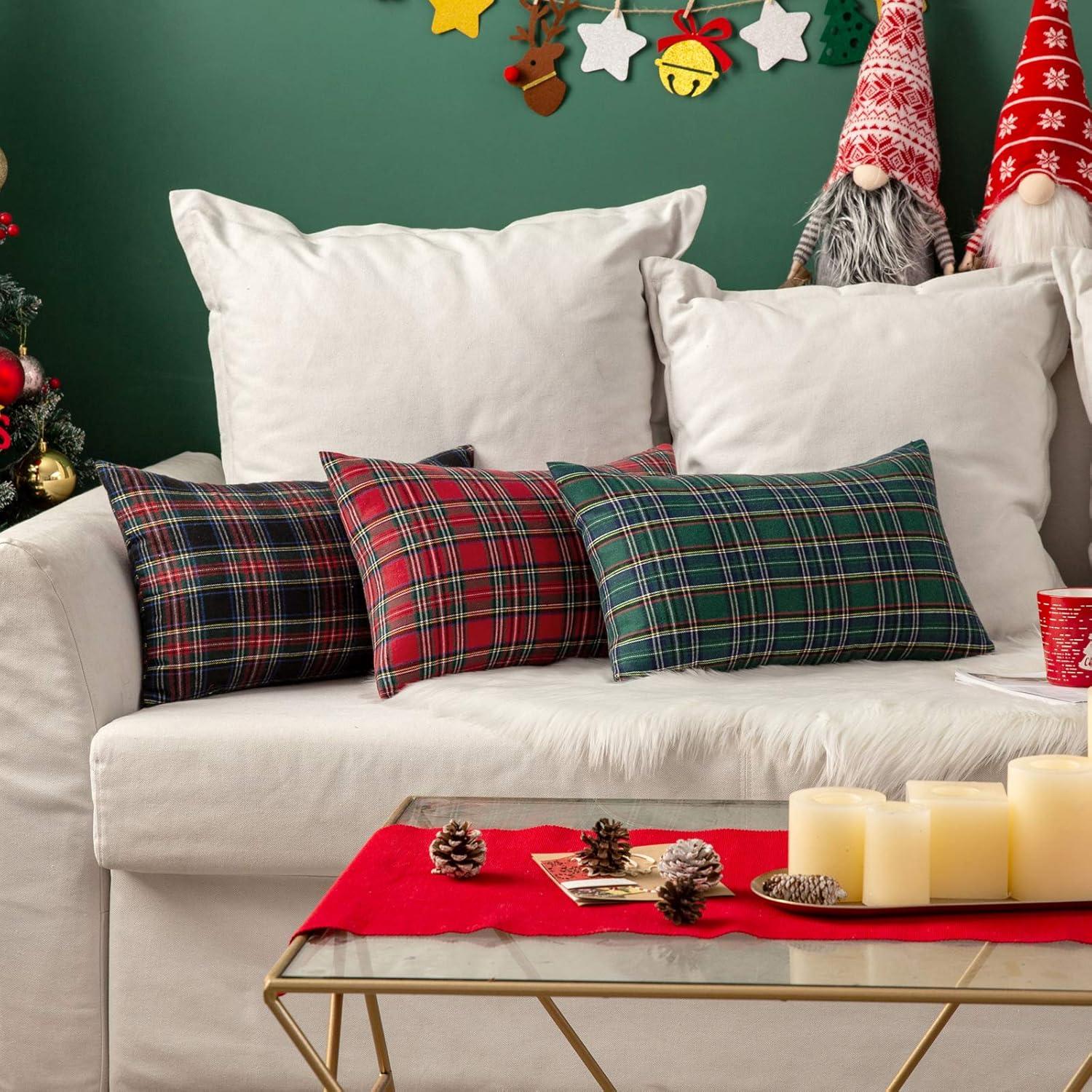 imageMIULEE Christmas Set of 2 Scottish Tartan Plaid Throw Pillow Covers Farmhouse Classic Decorative Outdoor Square Cushion Cases for Decor Sofa Couch 18x18 Inch GreenRed