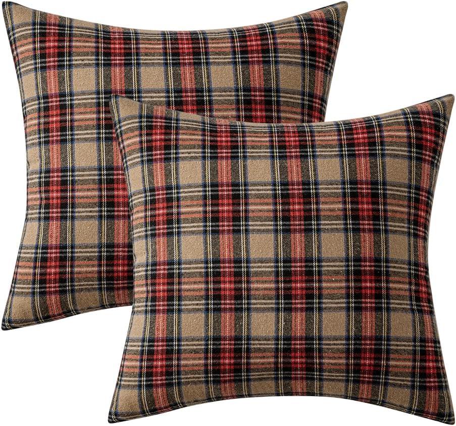 imageMIULEE Christmas Set of 2 Scottish Tartan Plaid Throw Pillow Covers Farmhouse Classic Decorative Outdoor Square Cushion Cases for Decor Sofa Couch 18x18 Inch GreenKhaki