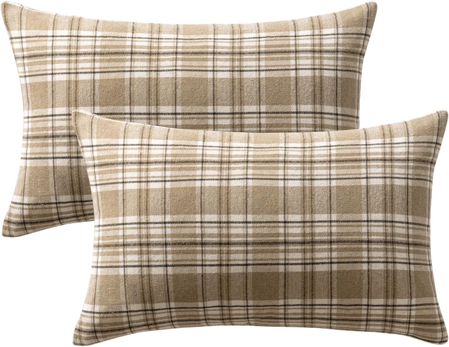 imageMIULEE Christmas Set of 2 Scottish Tartan Plaid Throw Pillow Covers Farmhouse Classic Decorative Outdoor Square Cushion Cases for Decor Sofa Couch 18x18 Inch GreenKhaki and White