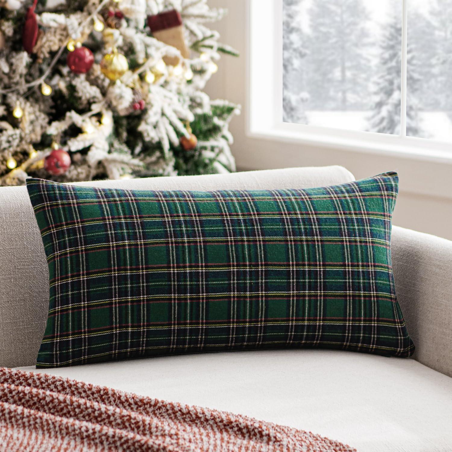 imageMIULEE Christmas Set of 2 Scottish Tartan Plaid Throw Pillow Covers Farmhouse Classic Decorative Outdoor Square Cushion Cases for Decor Sofa Couch 18x18 Inch GreenGreen