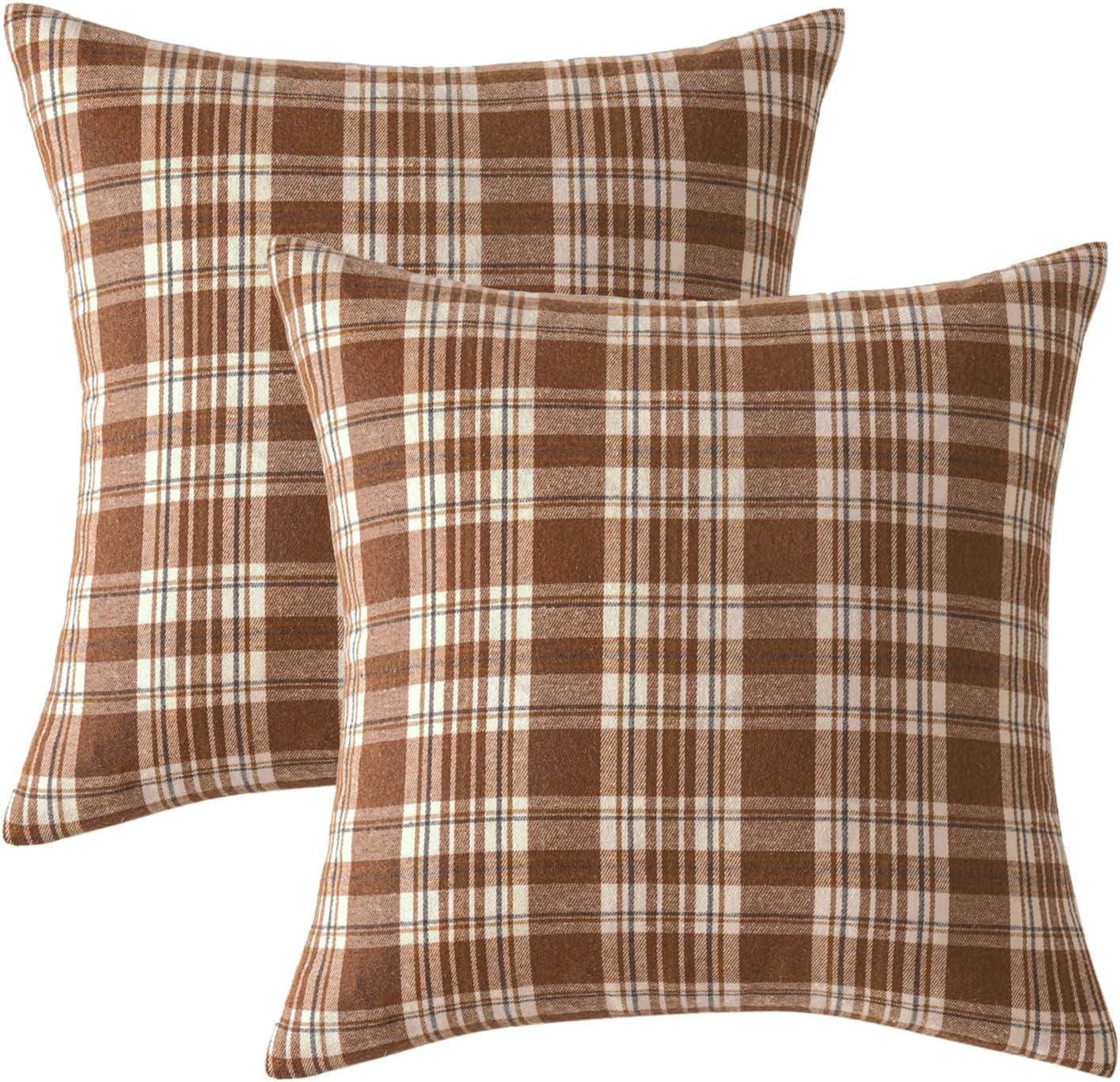 imageMIULEE Christmas Set of 2 Scottish Tartan Plaid Throw Pillow Covers Farmhouse Classic Decorative Outdoor Square Cushion Cases for Decor Sofa Couch 18x18 Inch GreenBrown and White
