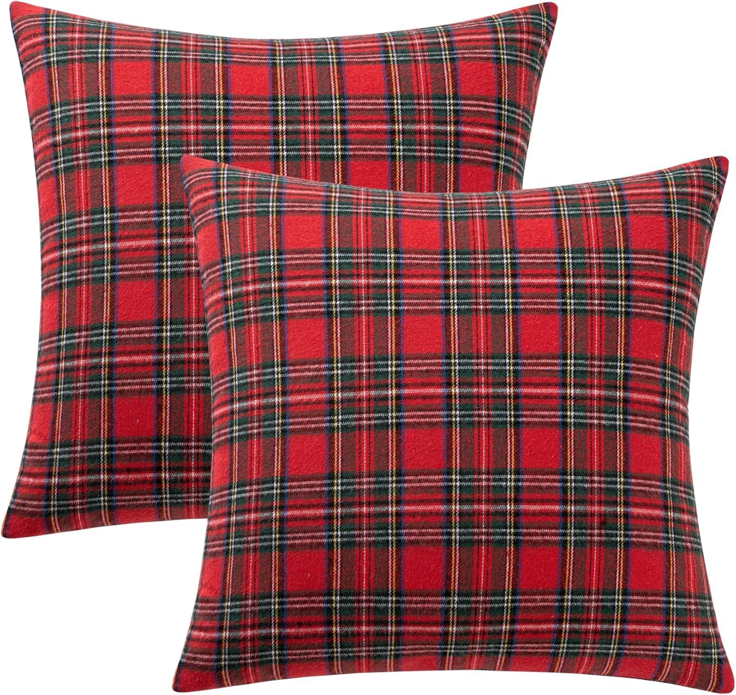 imageMIULEE Christmas Set of 2 Scottish Tartan Plaid Throw Pillow Covers Farmhouse Classic Decorative Outdoor Square Cushion Cases for Decor Sofa Couch 18x18 Inch GreenRed
