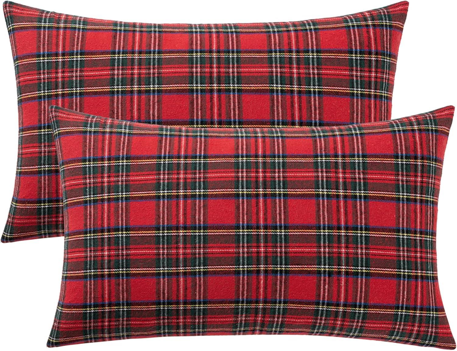 imageMIULEE Christmas Set of 2 Scottish Tartan Plaid Throw Pillow Covers Farmhouse Classic Decorative Outdoor Square Cushion Cases for Decor Sofa Couch 18x18 Inch GreenRed
