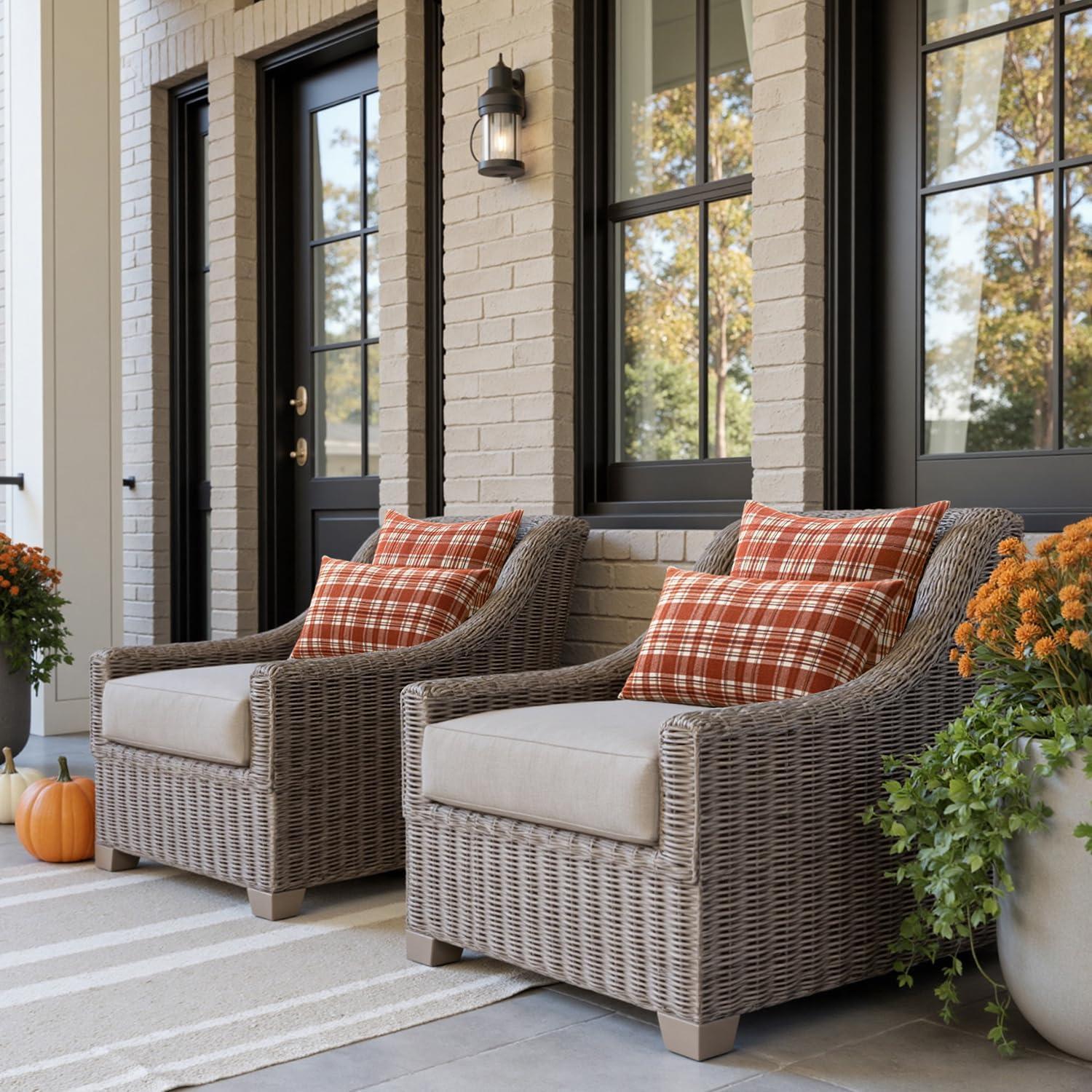 imageMIULEE Christmas Set of 2 Scottish Tartan Plaid Throw Pillow Covers Farmhouse Classic Decorative Outdoor Square Cushion Cases for Decor Sofa Couch 18x18 Inch GreenOrange and White