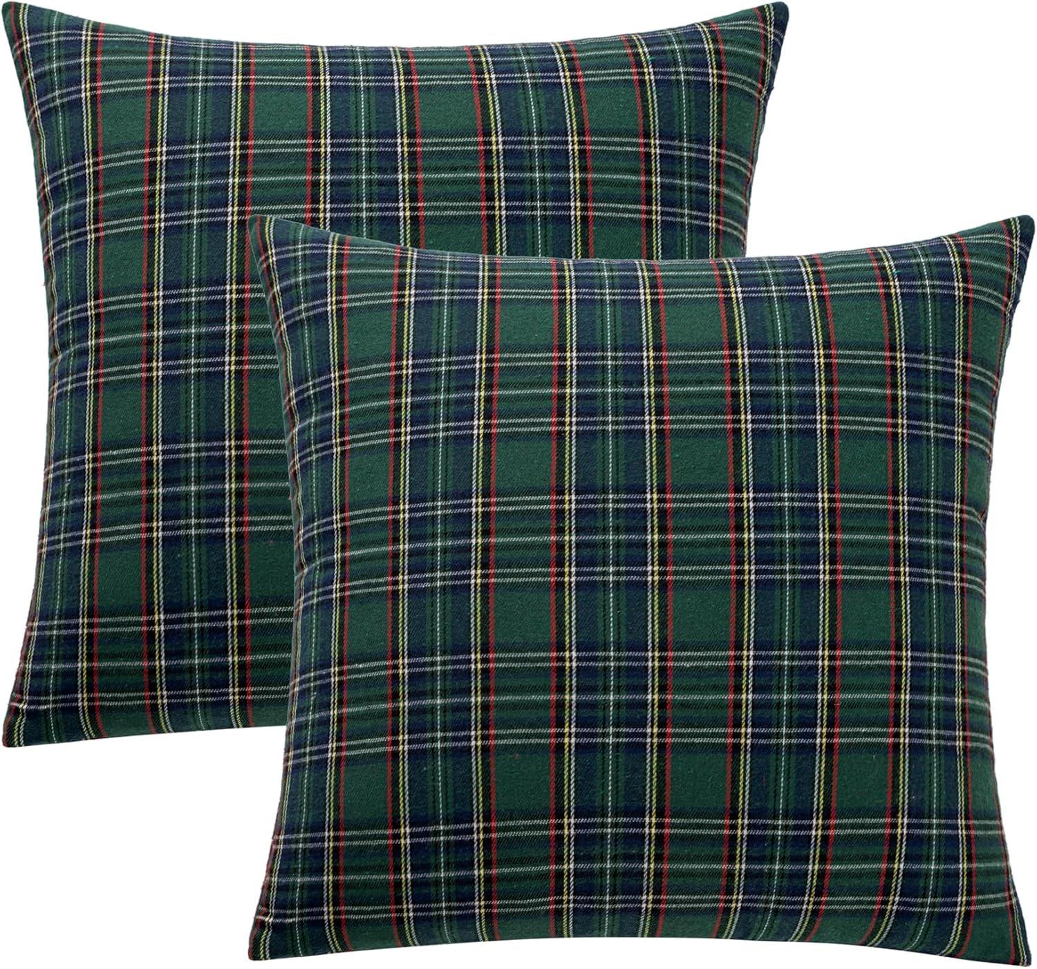 imageMIULEE Christmas Set of 2 Scottish Tartan Plaid Throw Pillow Covers Farmhouse Classic Decorative Outdoor Square Cushion Cases for Decor Sofa Couch 18x18 Inch GreenGreen