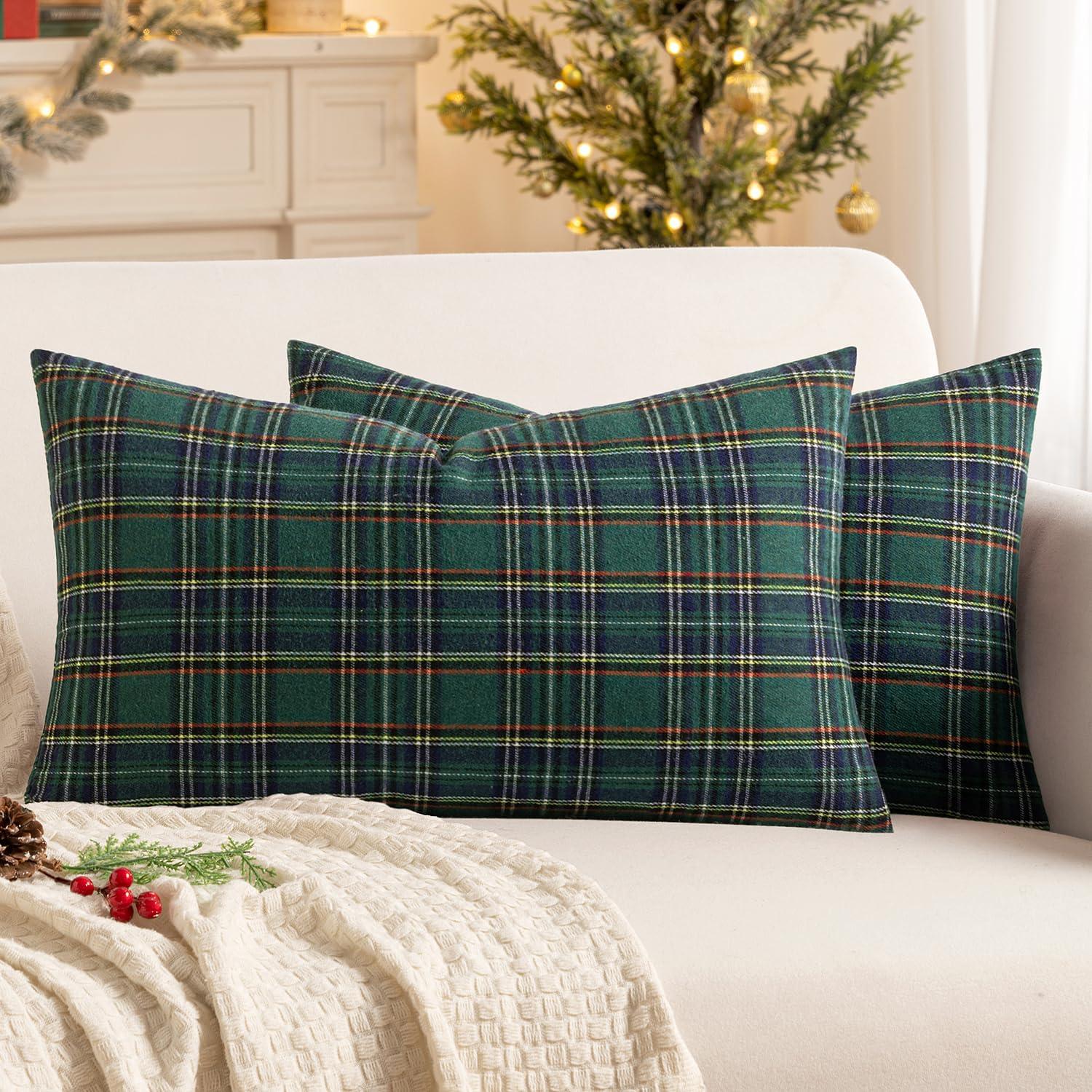 imageMIULEE Christmas Set of 2 Scottish Tartan Plaid Throw Pillow Covers Farmhouse Classic Decorative Outdoor Square Cushion Cases for Decor Sofa Couch 18x18 Inch GreenGreen