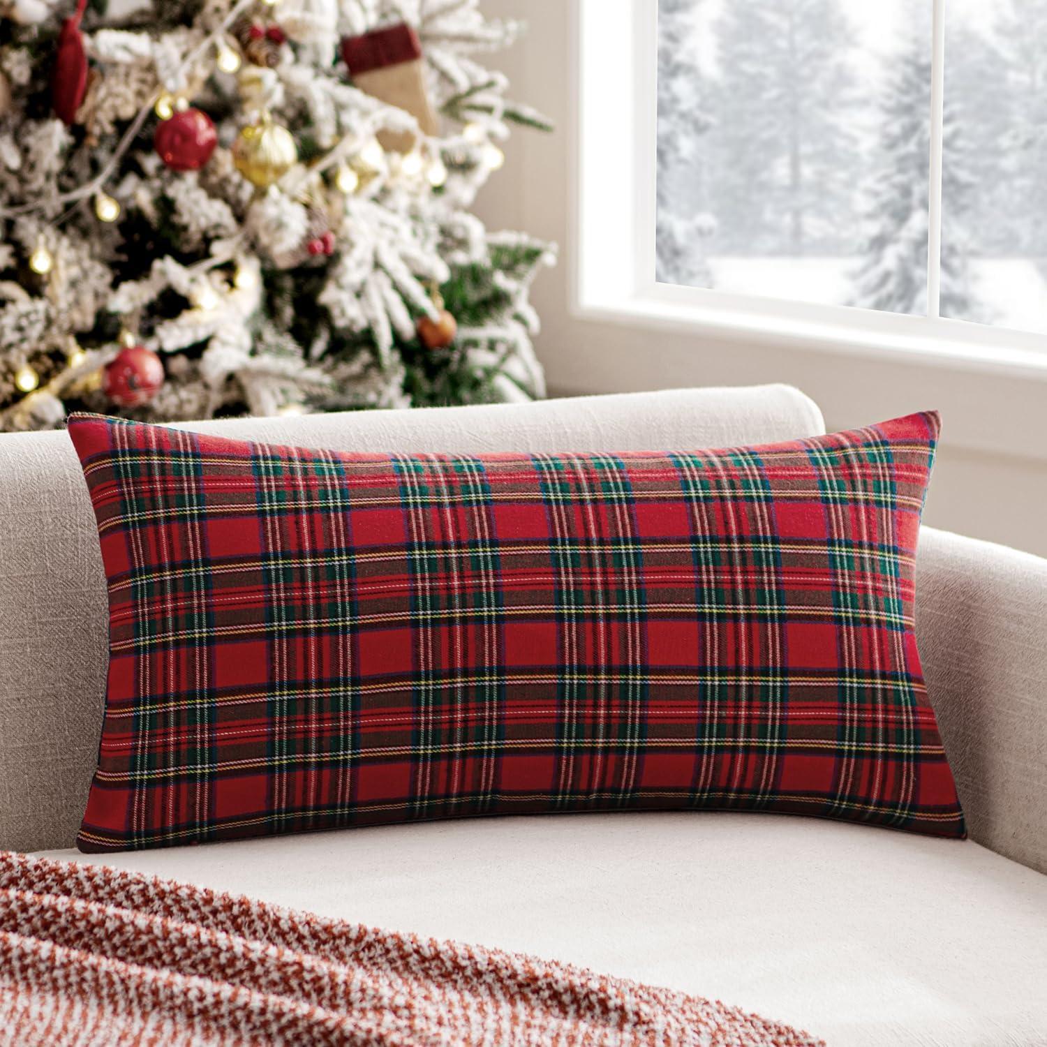 imageMIULEE Christmas Set of 2 Scottish Tartan Plaid Throw Pillow Covers Farmhouse Classic Decorative Outdoor Square Cushion Cases for Decor Sofa Couch 18x18 Inch GreenRed