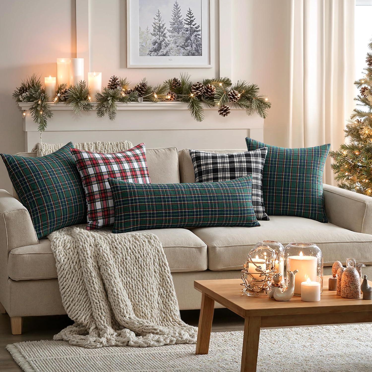 imageMIULEE Christmas Set of 2 Scottish Tartan Plaid Throw Pillow Covers Farmhouse Classic Decorative Outdoor Square Cushion Cases for Decor Sofa Couch 18x18 Inch GreenGreen