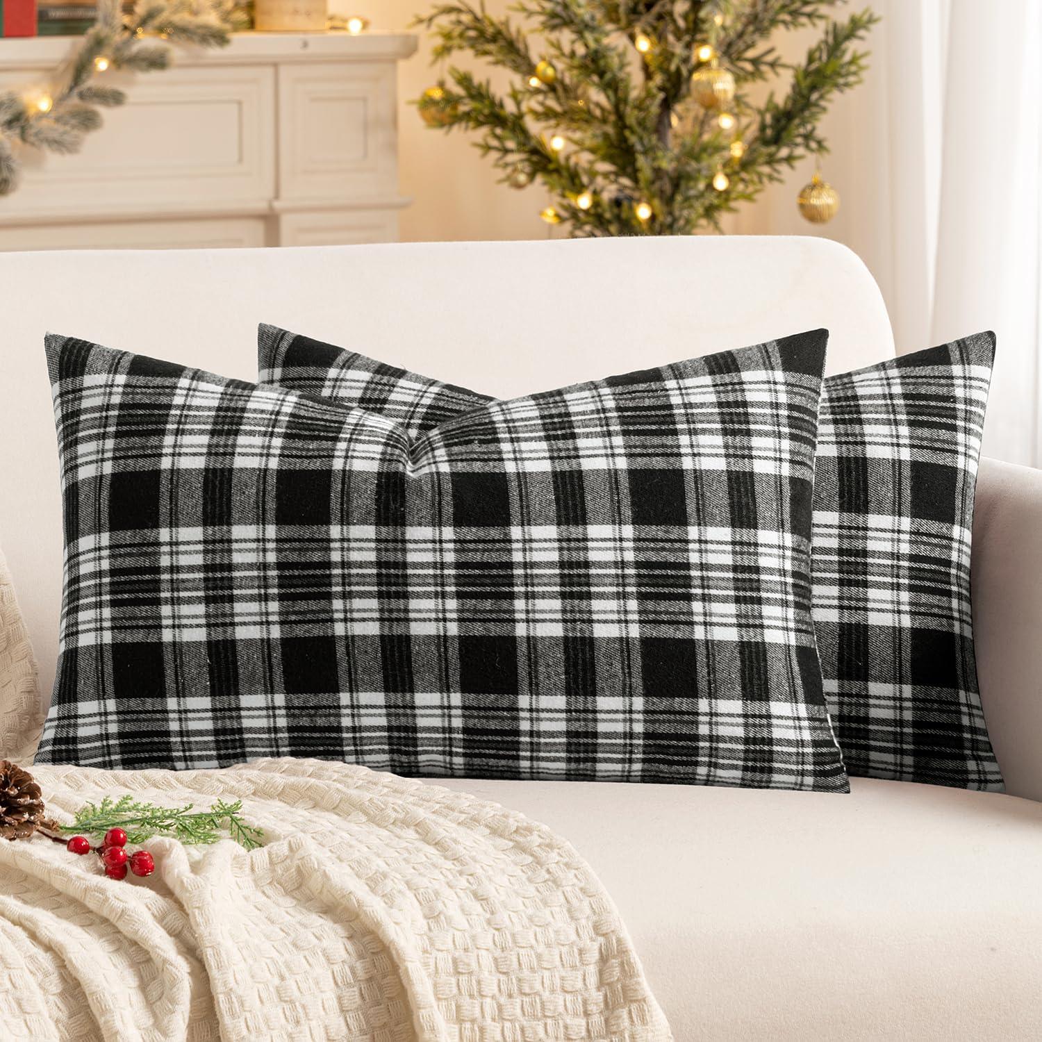 imageMIULEE Christmas Set of 2 Scottish Tartan Plaid Throw Pillow Covers Farmhouse Classic Decorative Outdoor Square Cushion Cases for Decor Sofa Couch 18x18 Inch GreenBlack and White