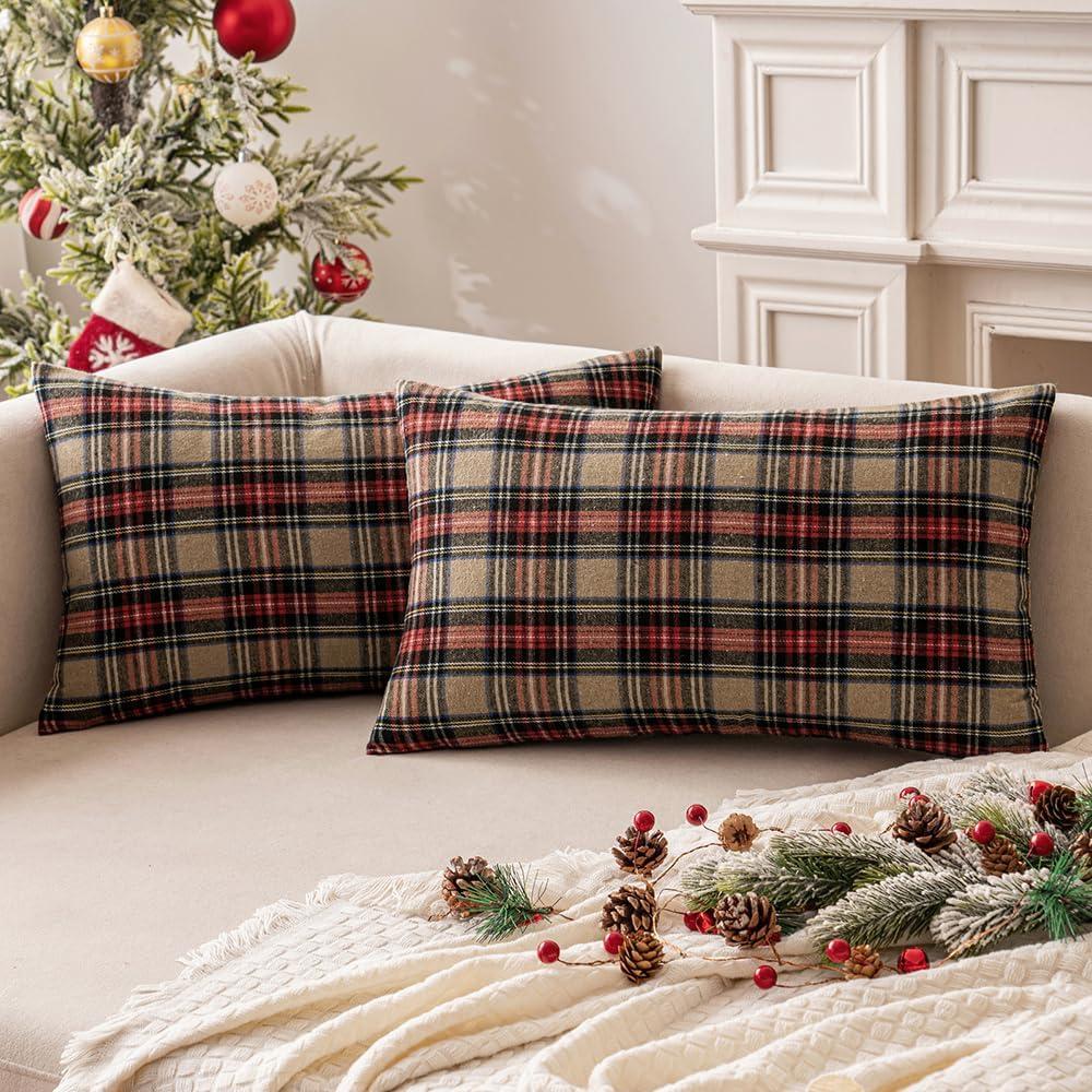 imageMIULEE Christmas Set of 2 Scottish Tartan Plaid Throw Pillow Covers Farmhouse Classic Decorative Outdoor Square Cushion Cases for Decor Sofa Couch 18x18 Inch GreenKhaki