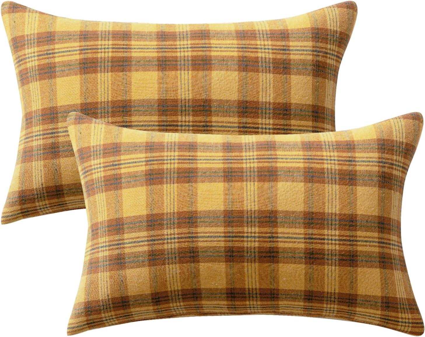 imageMIULEE Christmas Set of 2 Scottish Tartan Plaid Throw Pillow Covers Farmhouse Classic Decorative Outdoor Square Cushion Cases for Decor Sofa Couch 18x18 Inch GreenOrange