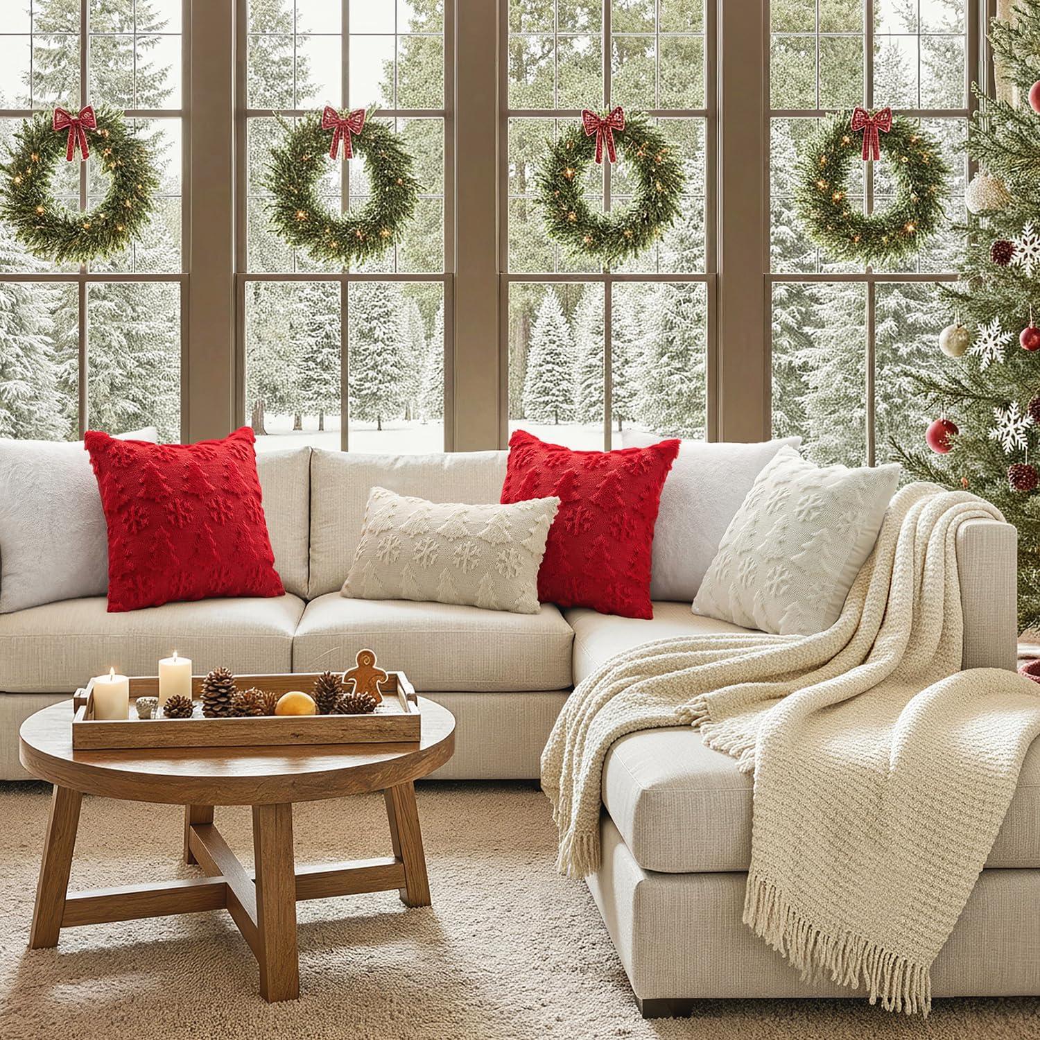 imageMIULEE Christmas Throw Pillow Covers 18x18 Set of 2 Christmas Decorations Beige Soft Plush Faux Fur Wool Xmas Tree Snowflakes Pillowcases Holiday Festivals Winter Home Decor Sofa Couch Bed PorchRed