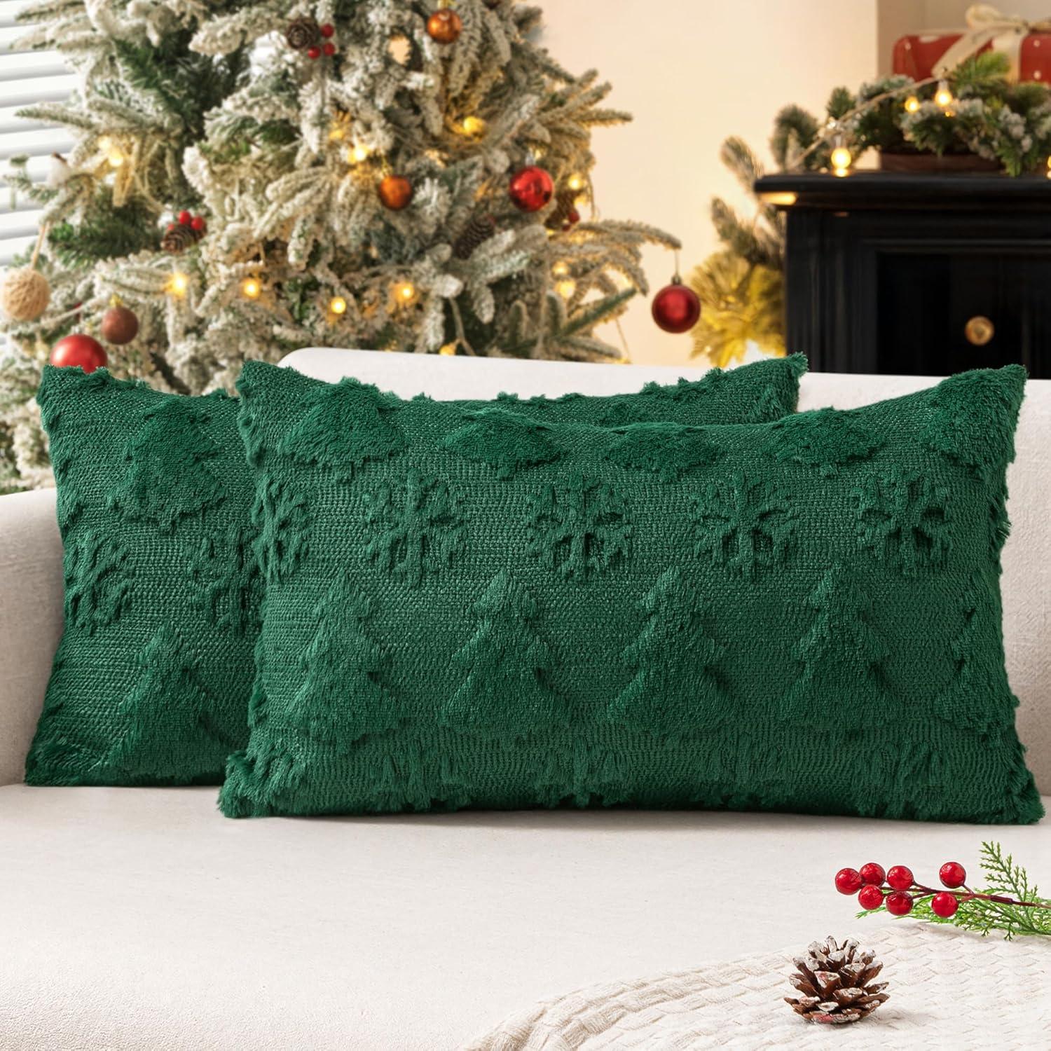 imageMIULEE Christmas Throw Pillow Covers 18x18 Set of 2 Christmas Decorations Beige Soft Plush Faux Fur Wool Xmas Tree Snowflakes Pillowcases Holiday Festivals Winter Home Decor Sofa Couch Bed PorchDark Green
