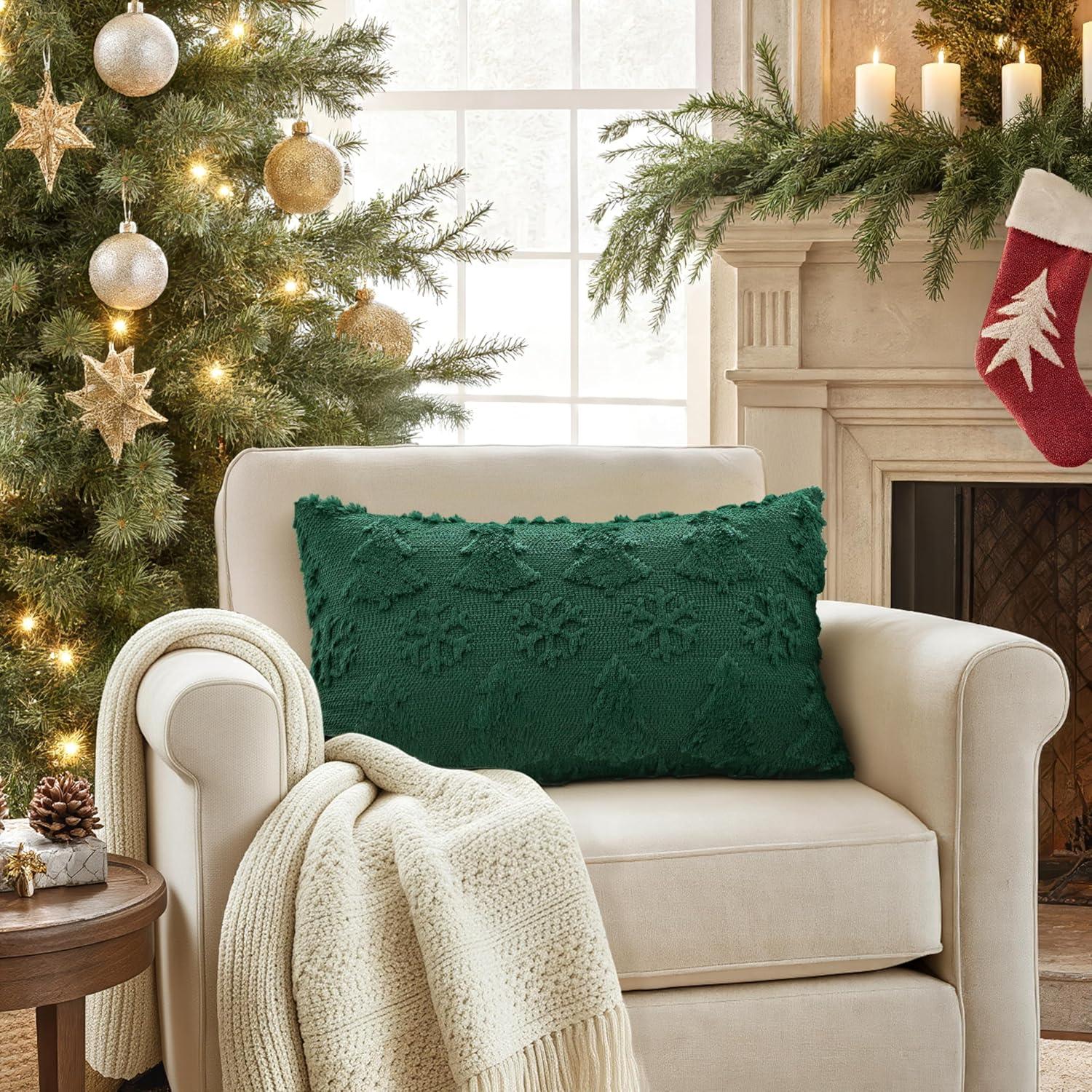 imageMIULEE Christmas Throw Pillow Covers 18x18 Set of 2 Christmas Decorations Beige Soft Plush Faux Fur Wool Xmas Tree Snowflakes Pillowcases Holiday Festivals Winter Home Decor Sofa Couch Bed PorchDark Green