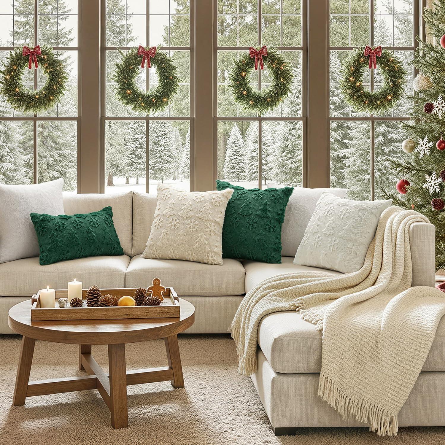 imageMIULEE Christmas Throw Pillow Covers 18x18 Set of 2 Christmas Decorations Beige Soft Plush Faux Fur Wool Xmas Tree Snowflakes Pillowcases Holiday Festivals Winter Home Decor Sofa Couch Bed PorchDark Green