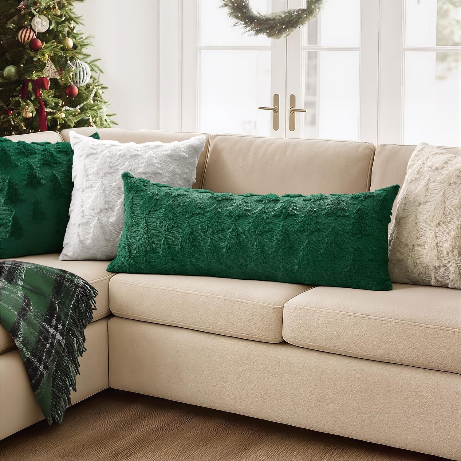 imageMIULEE Christmas Throw Pillow Covers Dark Green Christmas Decorations Set of 2 Xmas Tree 18x18 Pillow Covers Soft Plush Faux Wool Pillowcases Holiday Festivals Winter Home Decor Sofa Couch Bed PorchDark Green